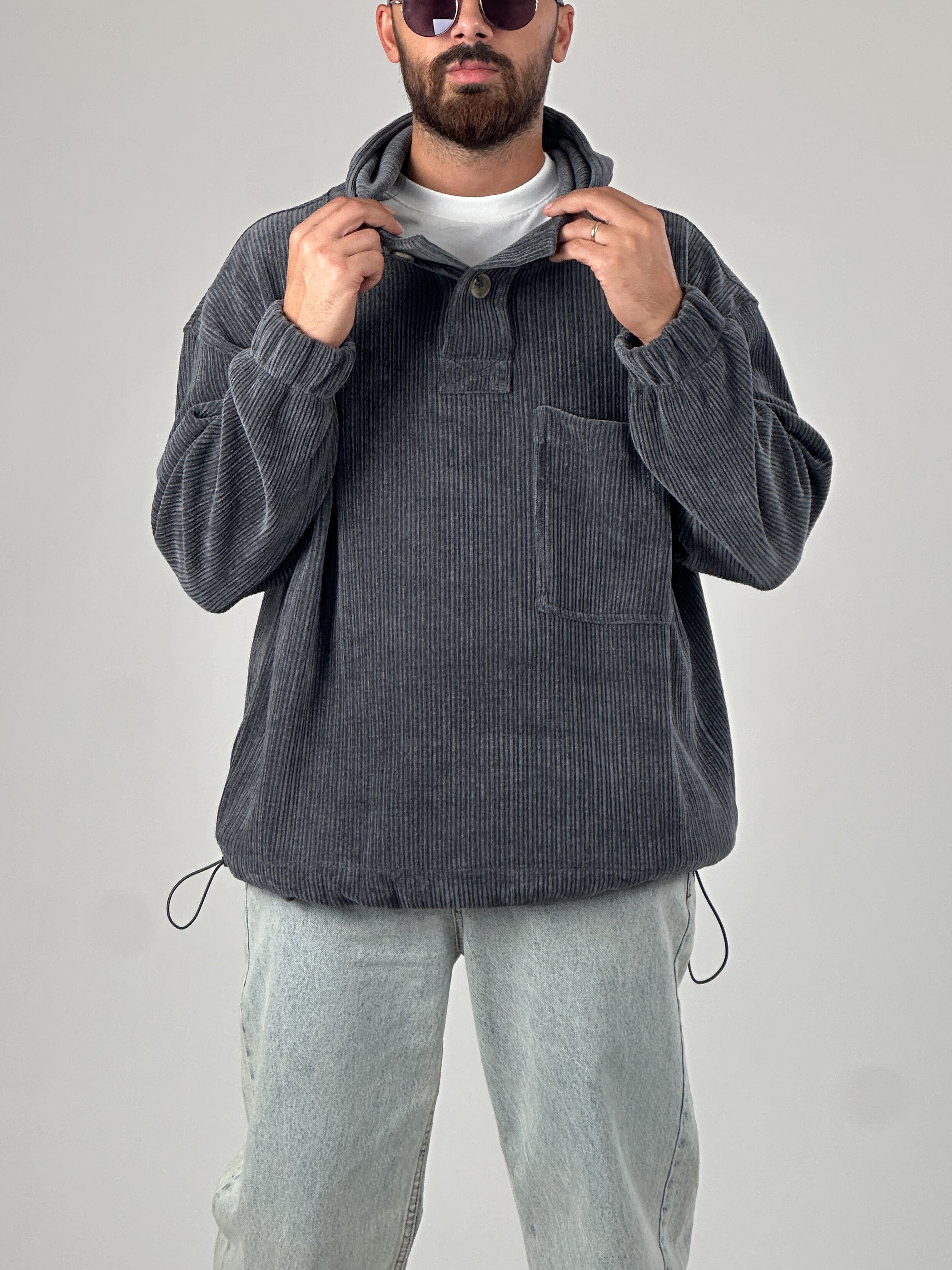 Kadife Dokulu Antrasit Oversize Kapüşonlu Erkek Sweatshirt COC1035