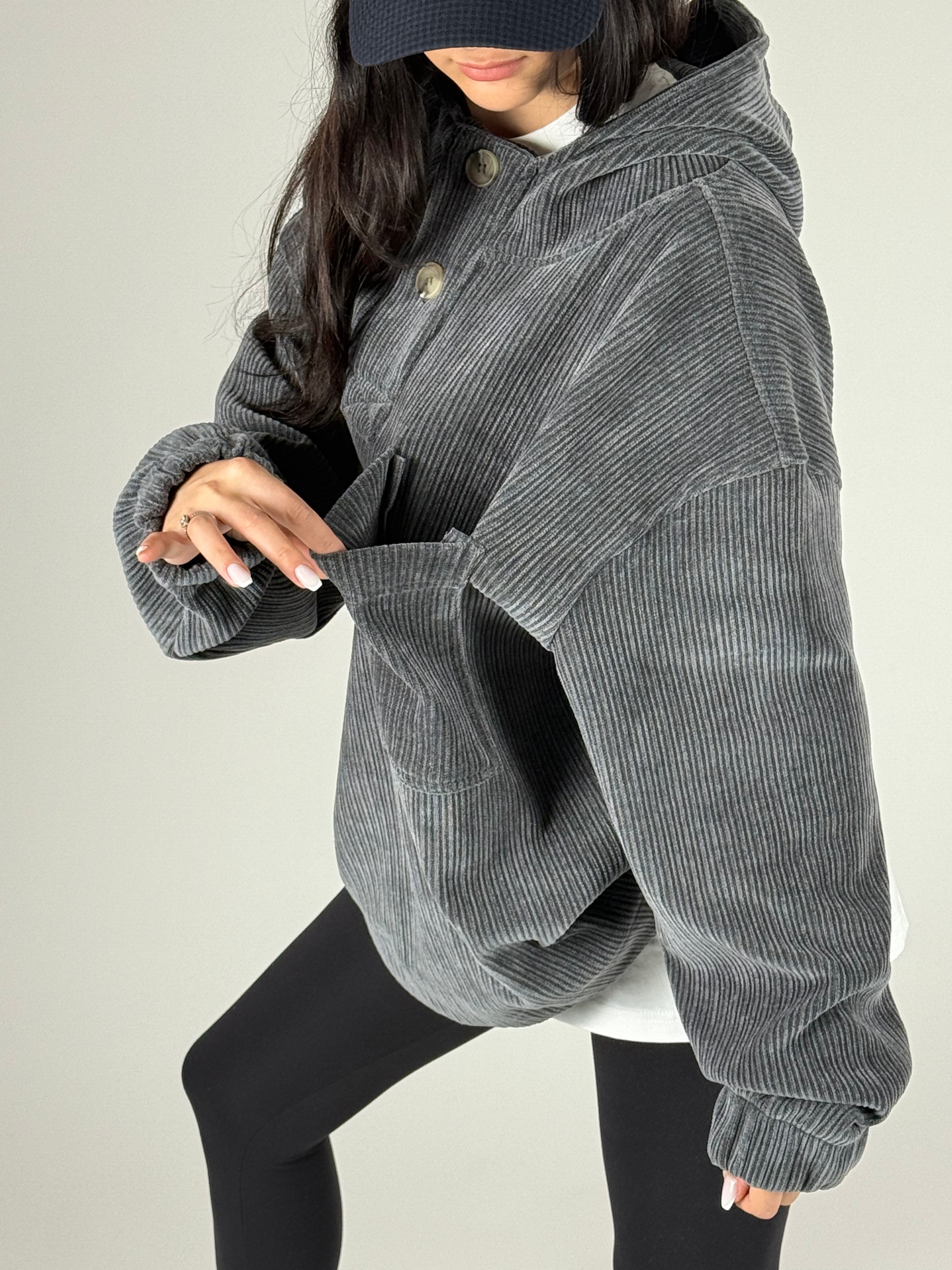 Kadife Dokulu Antrasit Oversize Kapüşonlu Kadın Sweatshirt COC1183