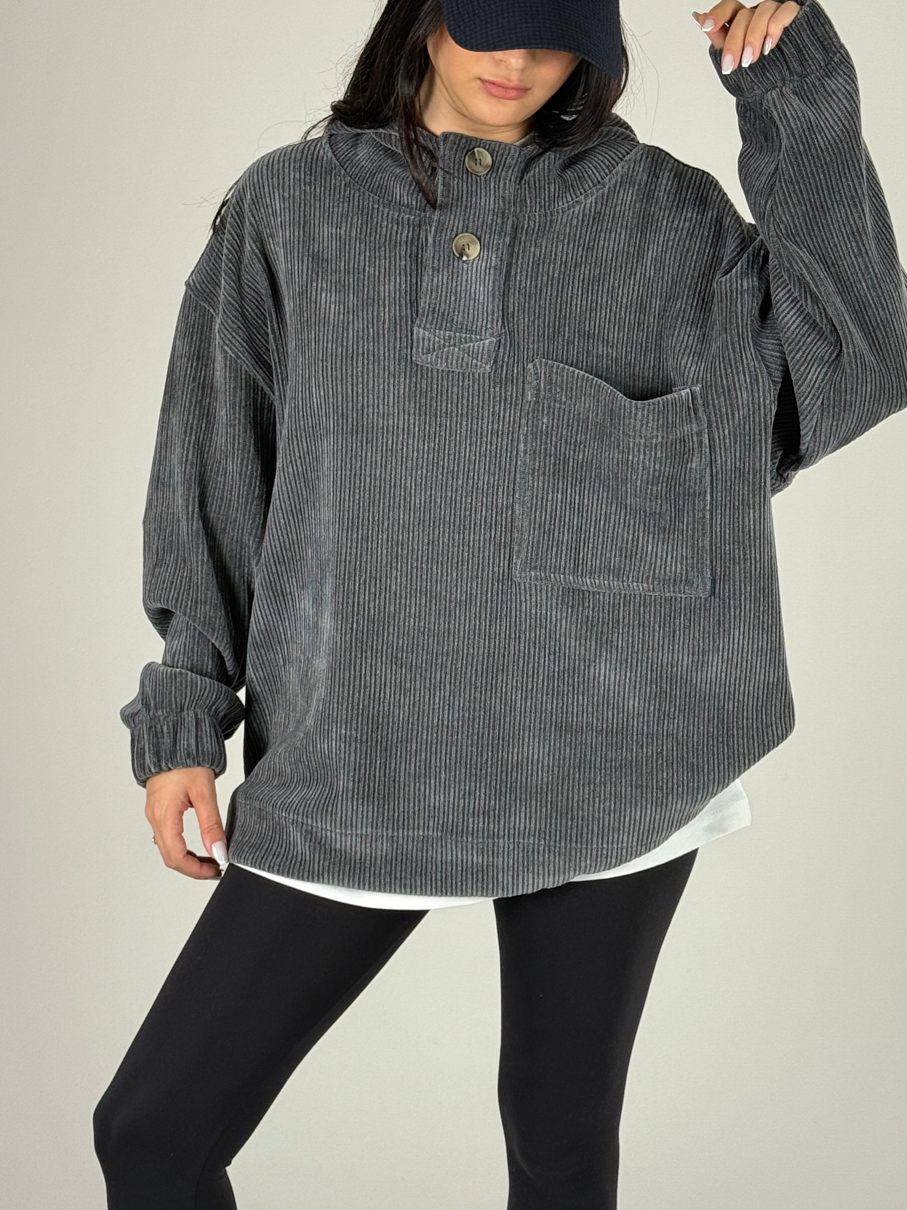 Kadife Dokulu Antrasit Oversize Kapüşonlu Kadın Sweatshirt COC1183