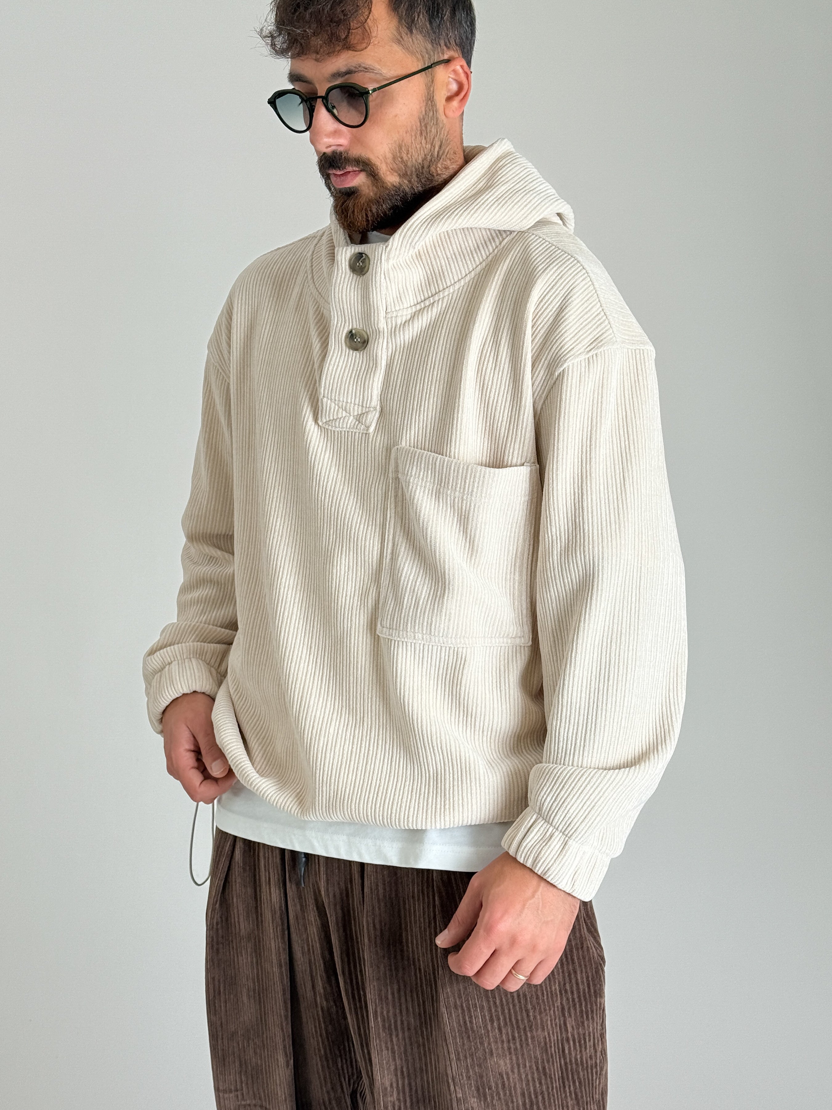 Kadife Dokulu Bej Oversize Kapüşonlu Erkek Sweatshirt COC1088