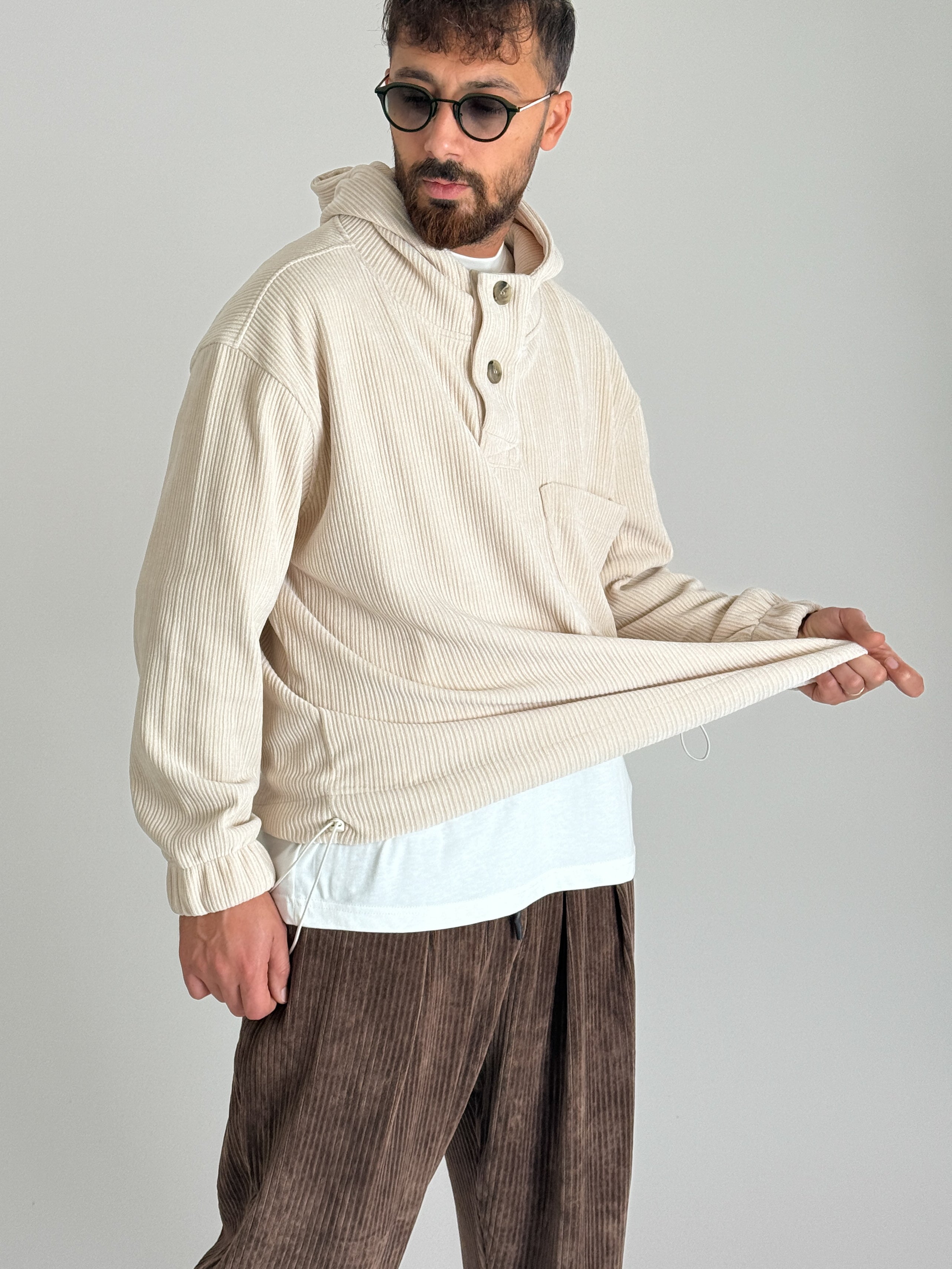 Kadife Dokulu Bej Oversize Kapüşonlu Erkek Sweatshirt COC1088
