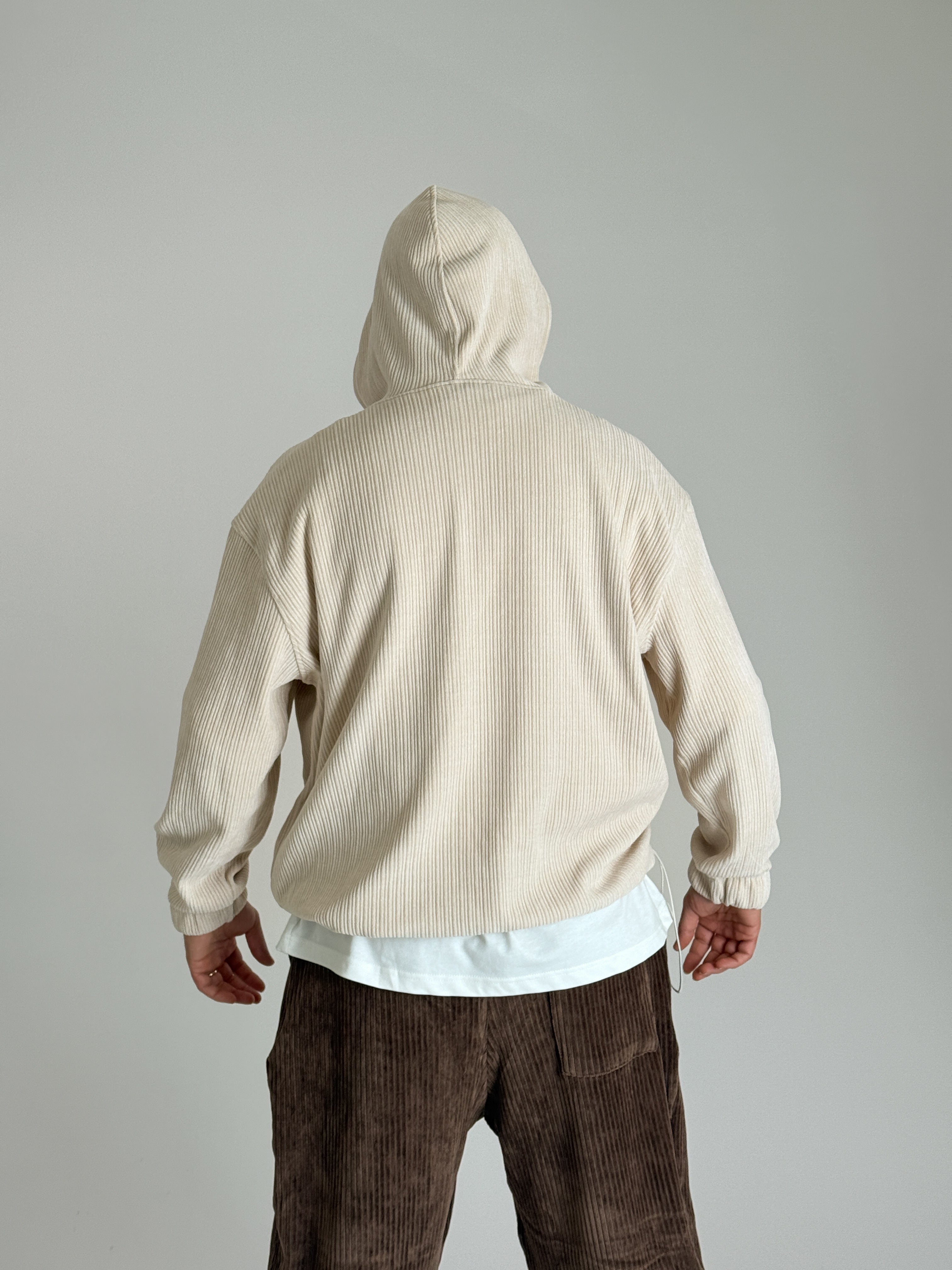 Kadife Dokulu Bej Oversize Kapüşonlu Erkek Sweatshirt COC1088