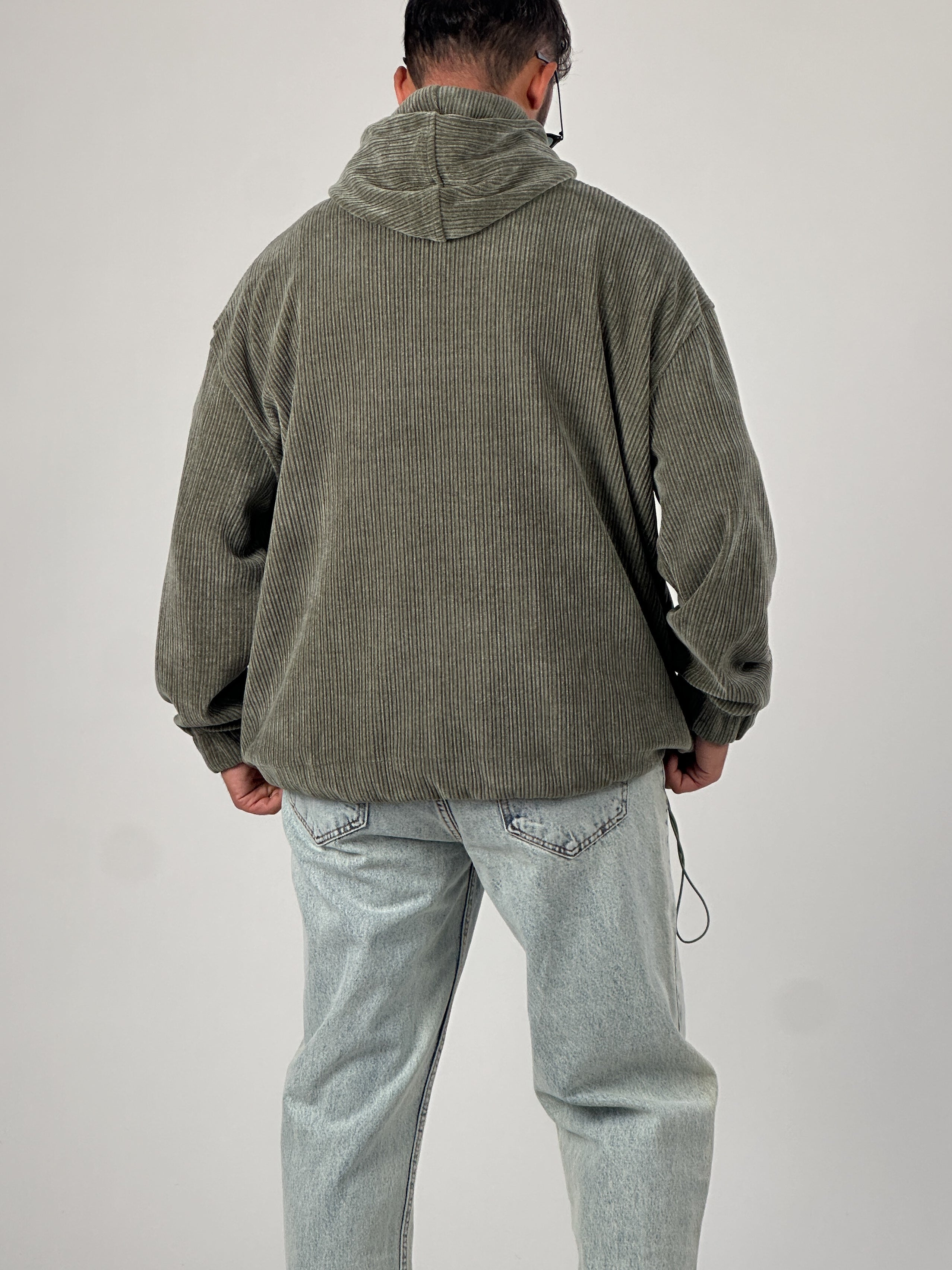 Kadife Dokulu Haki Oversize Kapüşonlu Erkek Sweatshirt COC1036