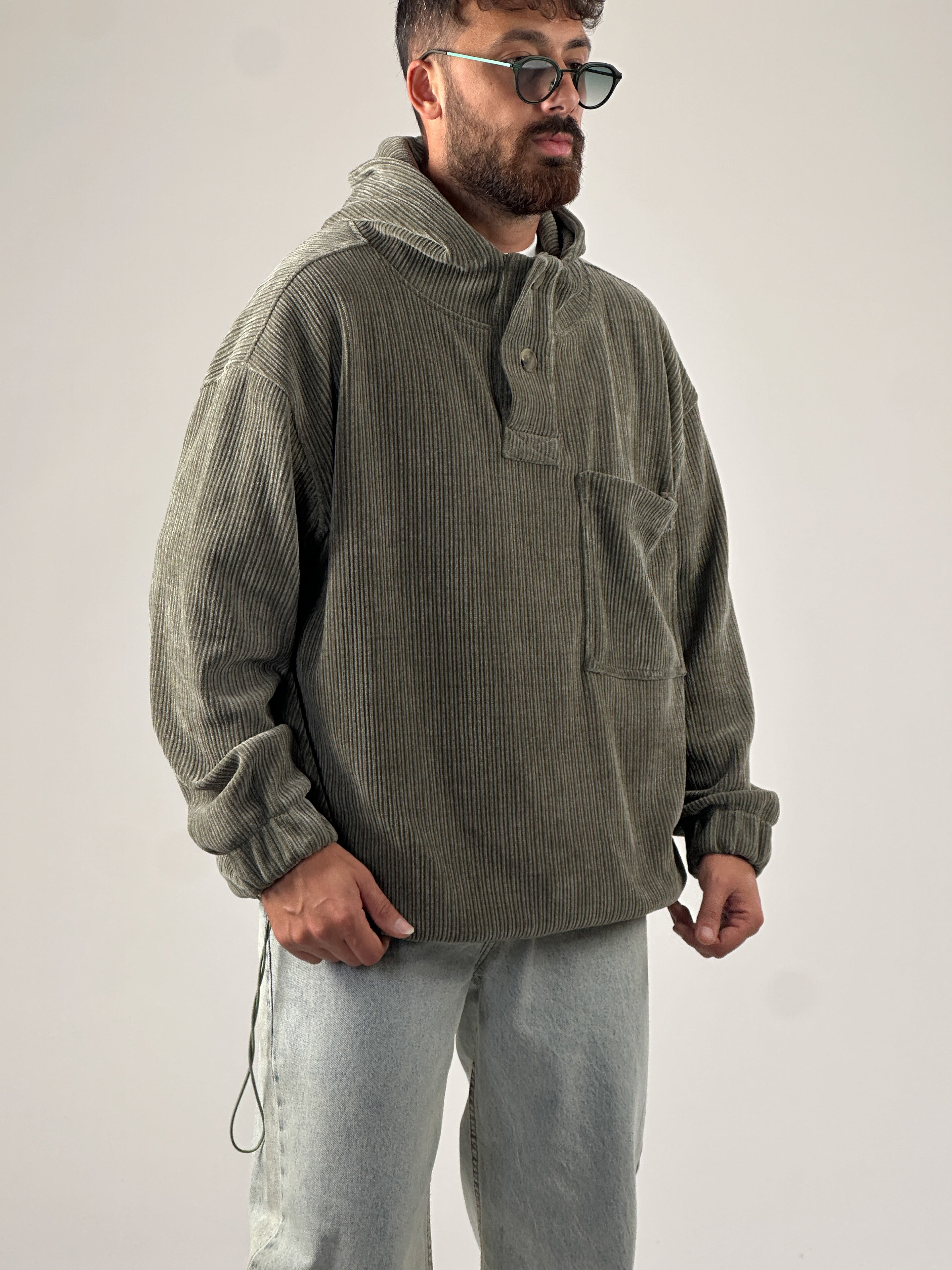 Kadife Dokulu Haki Oversize Kapüşonlu Erkek Sweatshirt COC1036