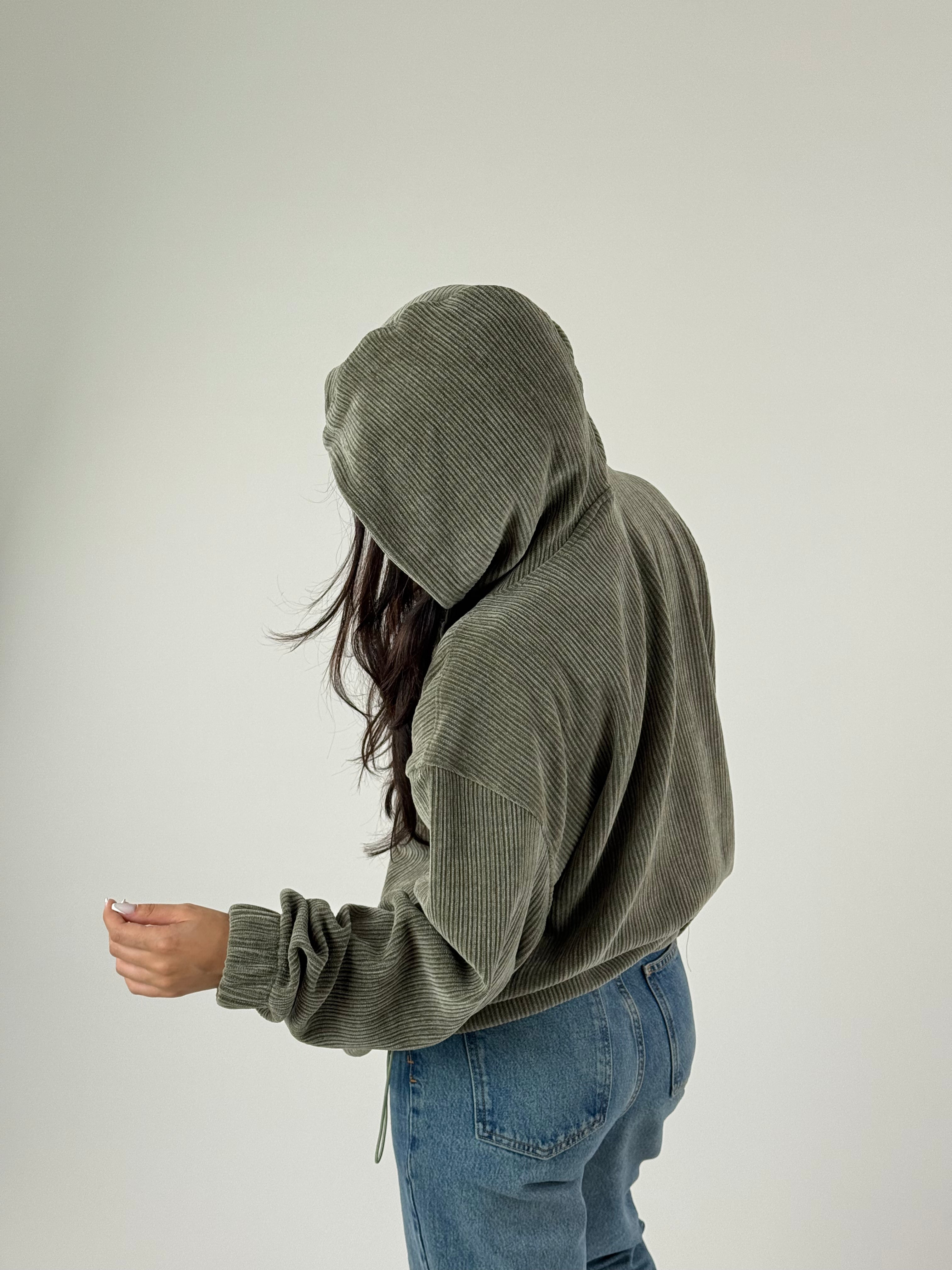 Kadife Dokulu Haki Oversize Kapüşonlu Kadın Sweatshirt COC1184