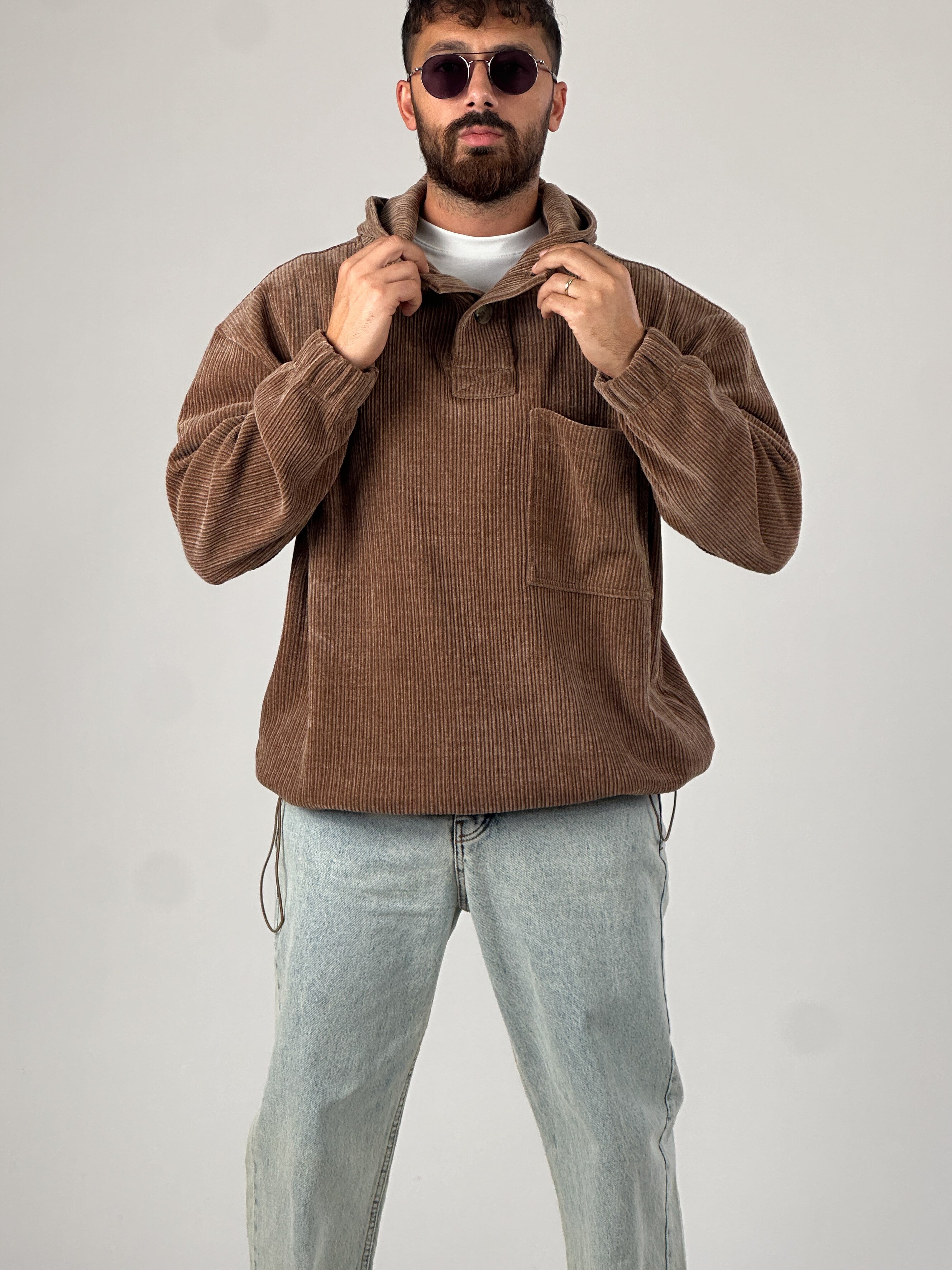 Kadife Dokulu Kahve Oversize Kapüşonlu Erkek Sweatshirt COC1037