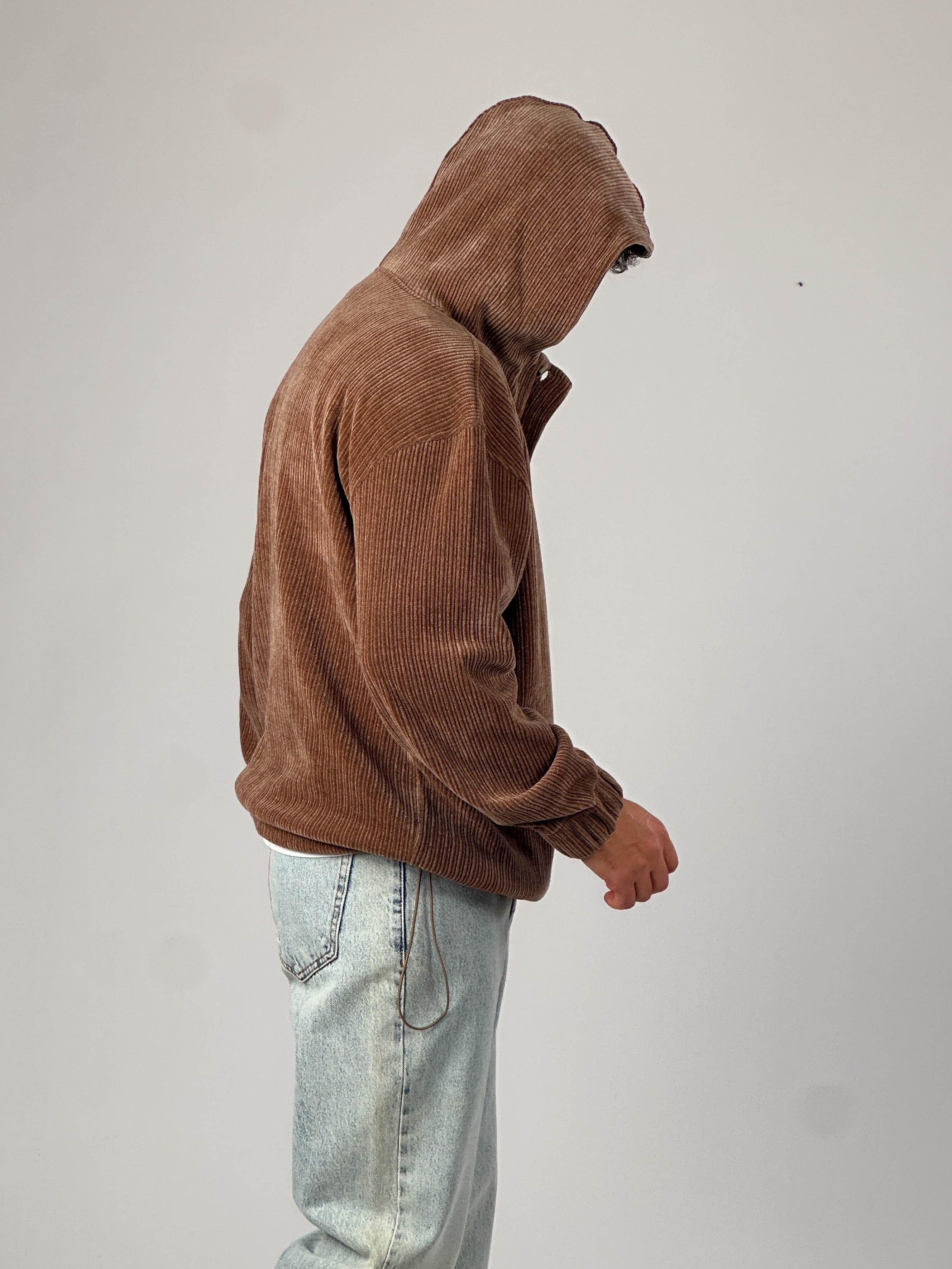 Kadife Dokulu Kahve Oversize Kapüşonlu Erkek Sweatshirt COC1037