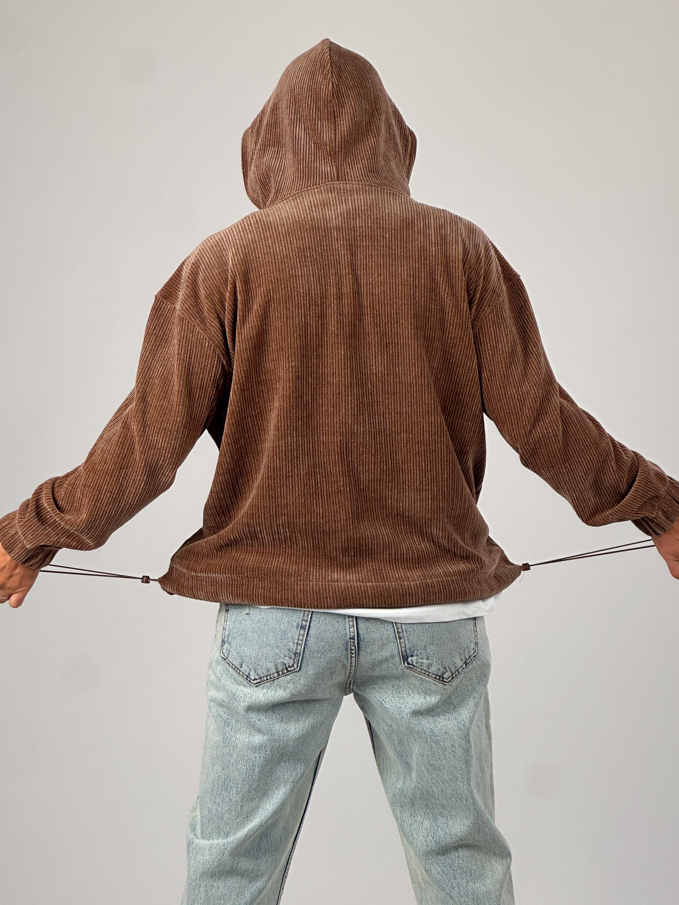 Kadife Dokulu Kahve Oversize Kapüşonlu Erkek Sweatshirt COC1037