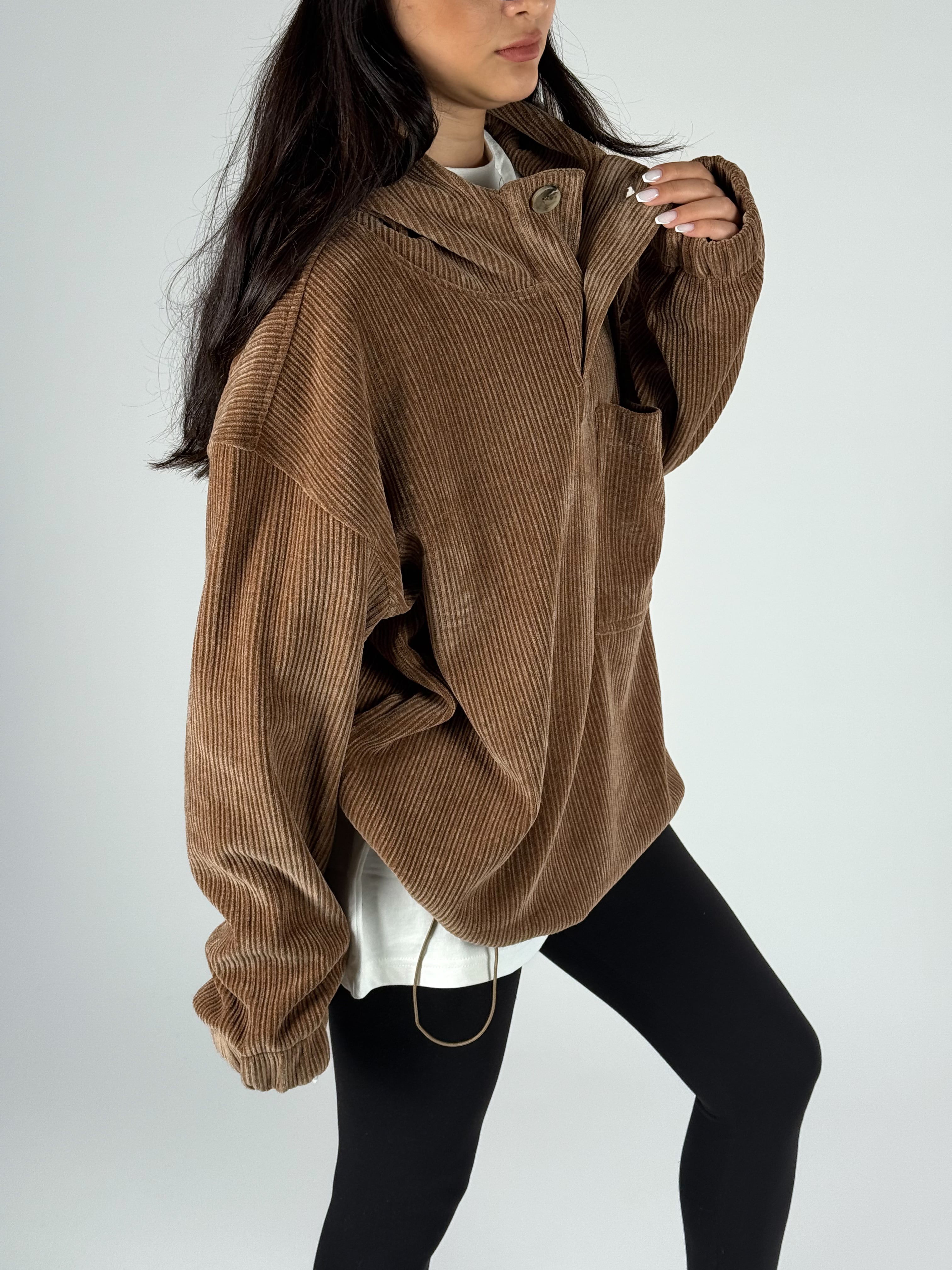Kadife Dokulu Kahve Oversize Kapüşonlu Kadın Sweatshirt COC1185