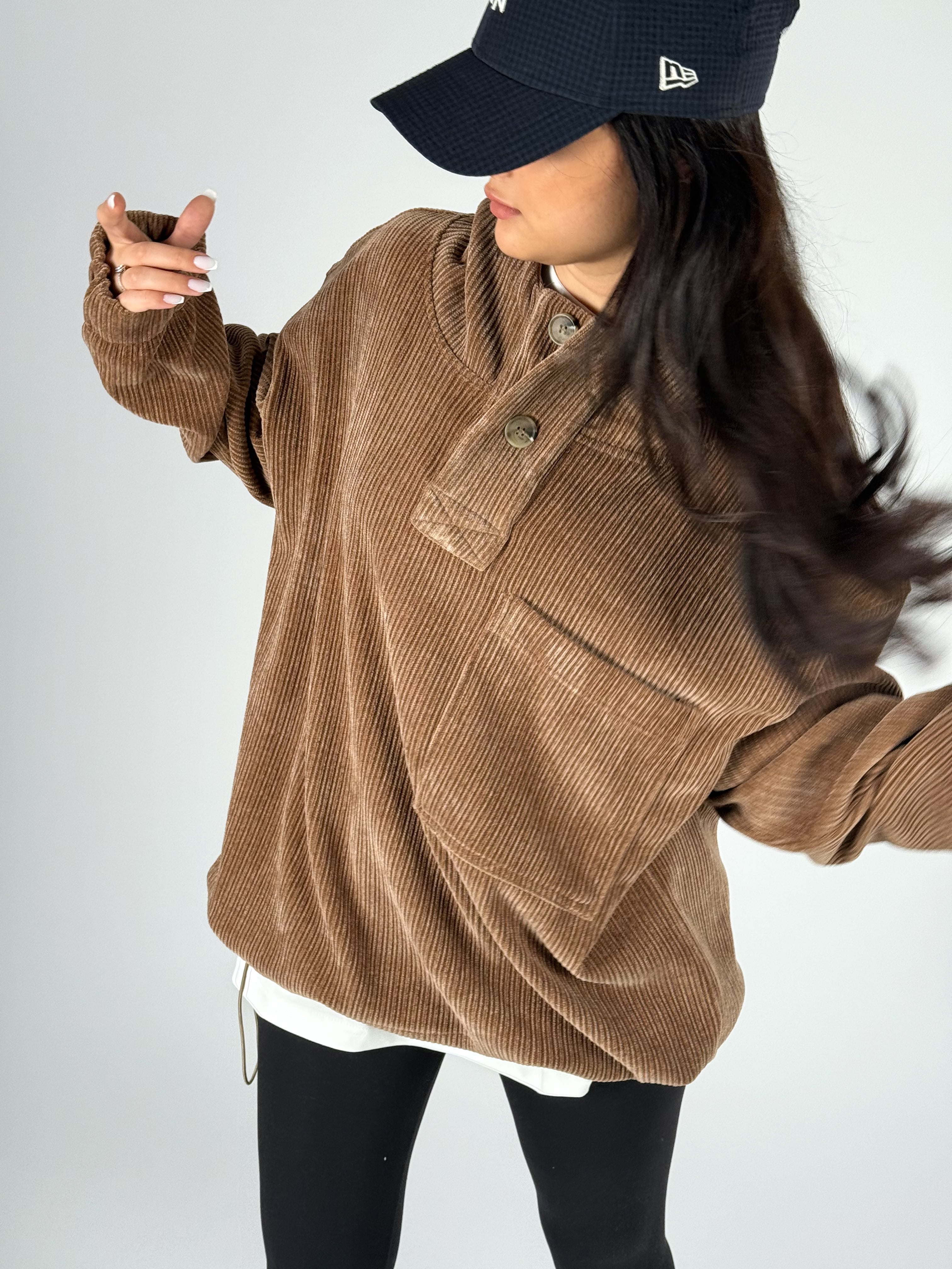 Kadife Dokulu Kahve Oversize Kapüşonlu Kadın Sweatshirt COC1185