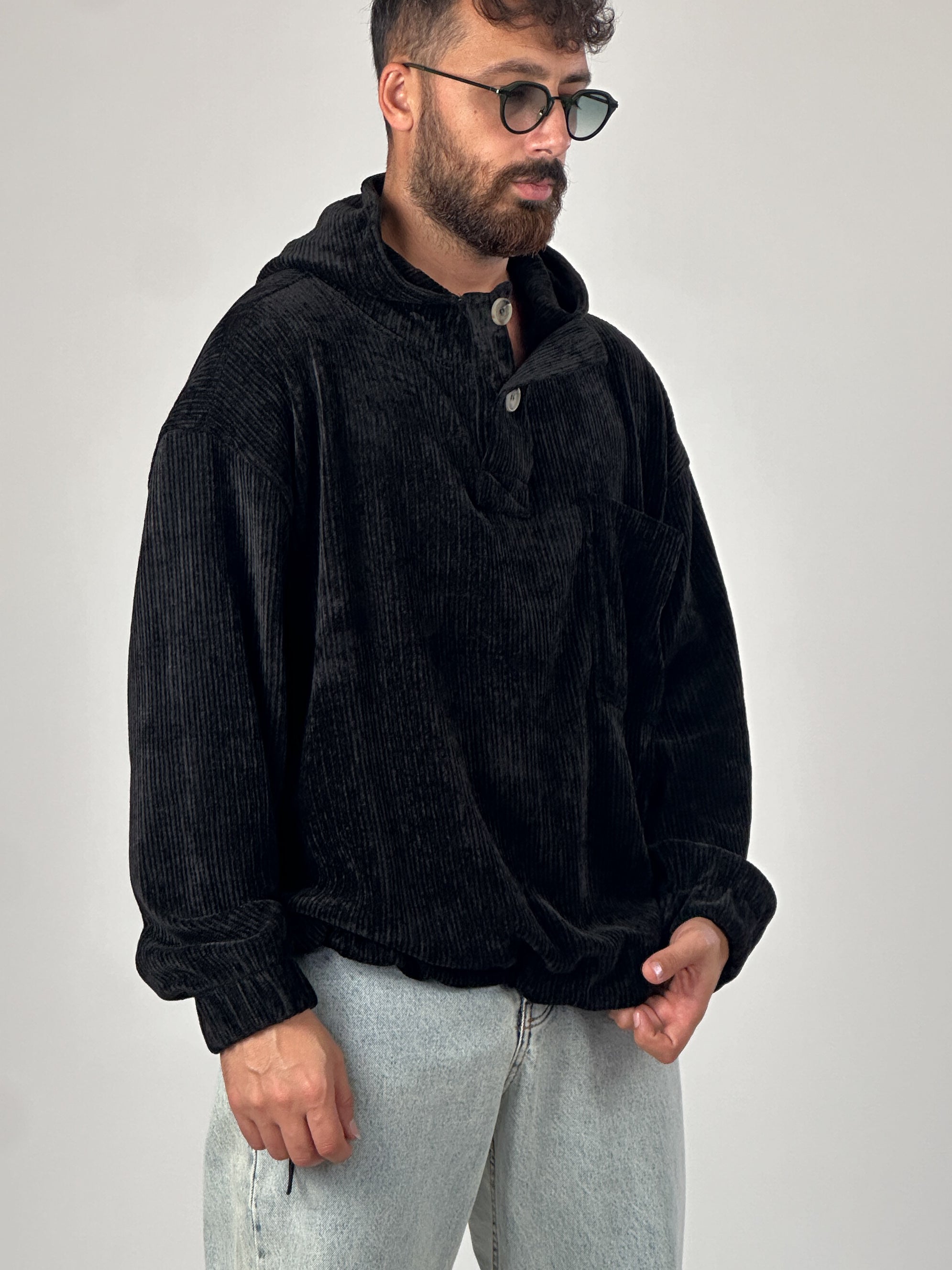 Kadife Dokulu Siyah Oversize Kapüşonlu Erkek Sweatshirt COC1038