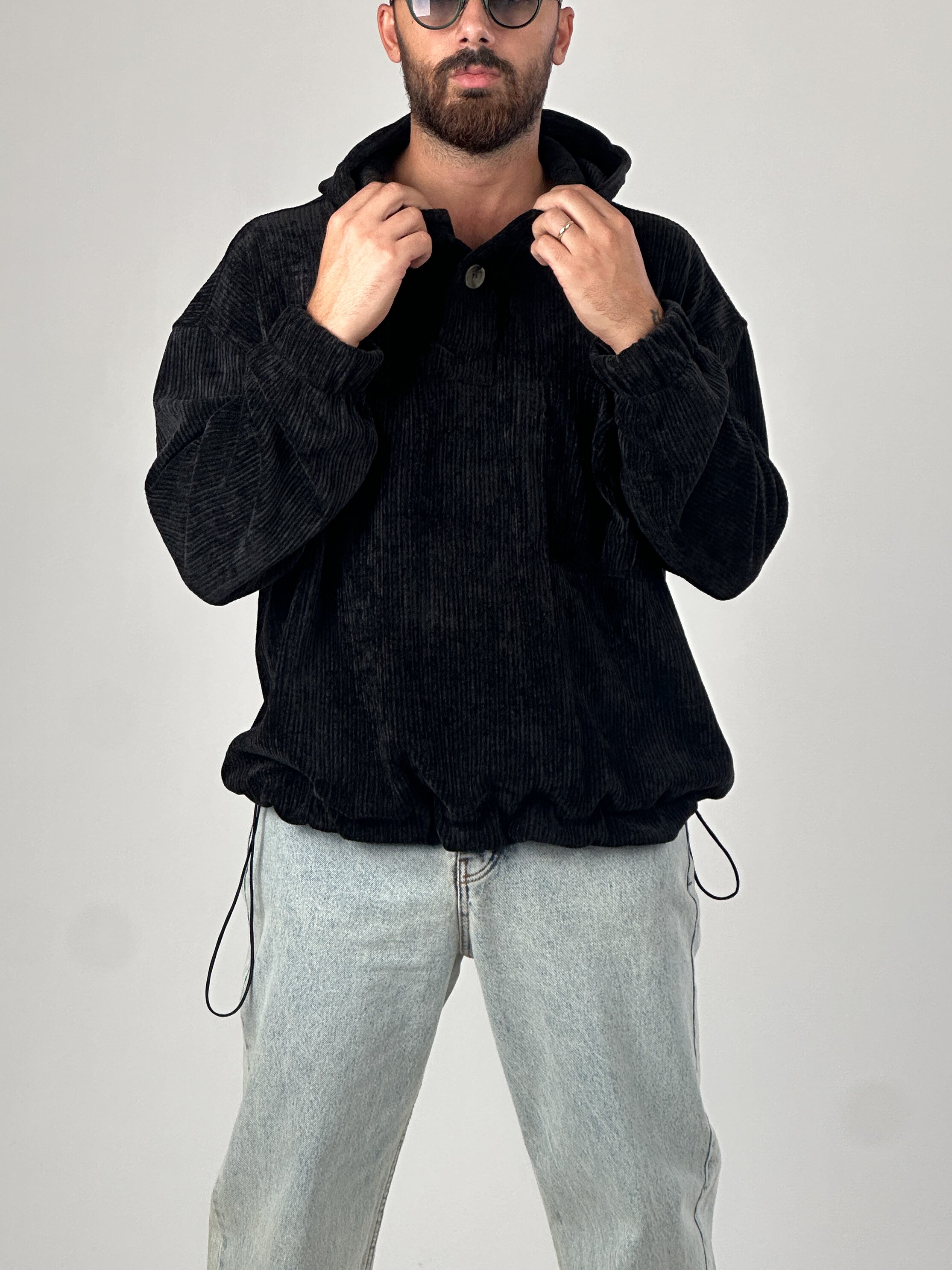 Kadife Dokulu Siyah Oversize Kapüşonlu Erkek Sweatshirt COC1038