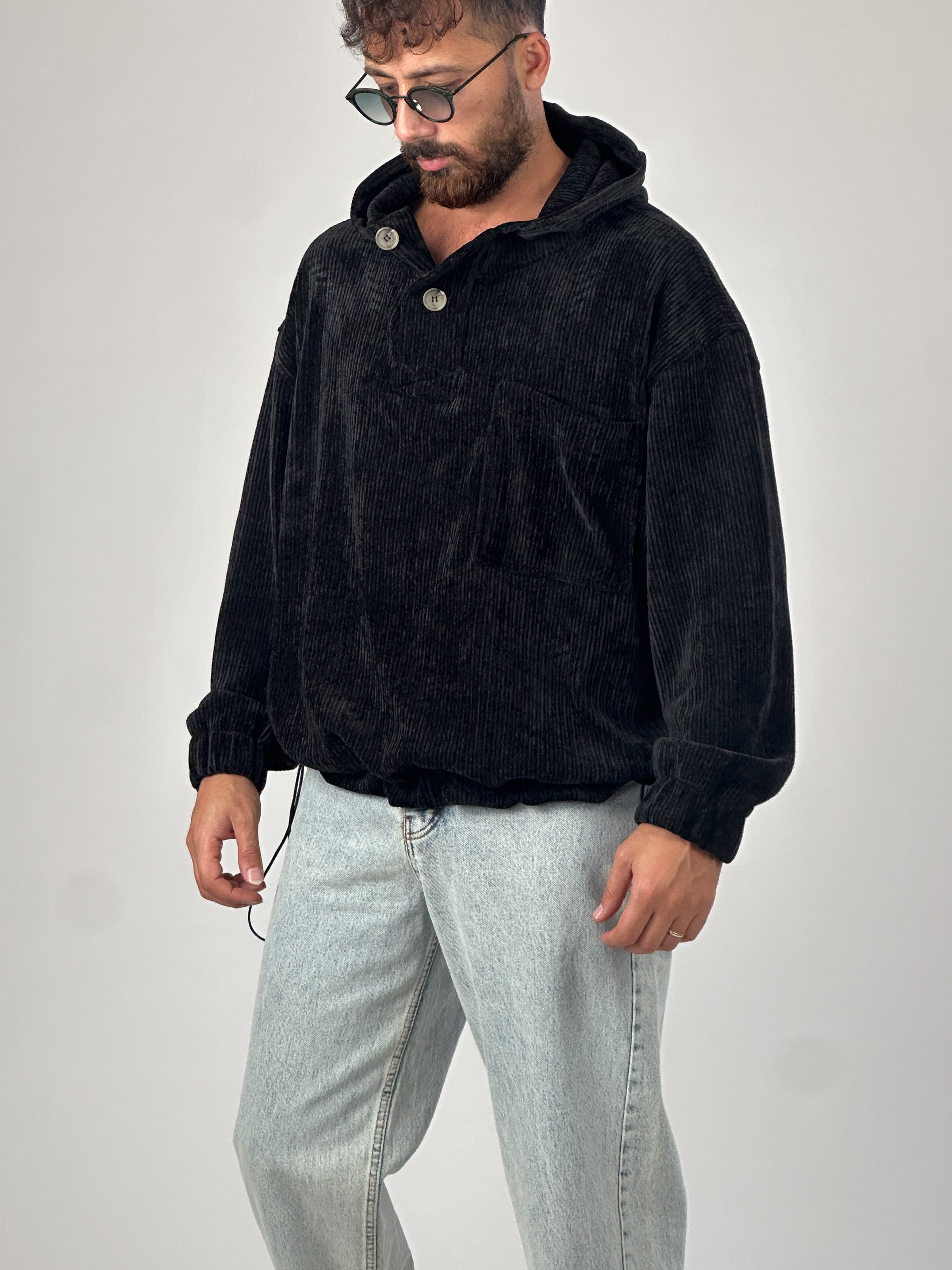 Kadife Dokulu Siyah Oversize Kapüşonlu Erkek Sweatshirt COC1038