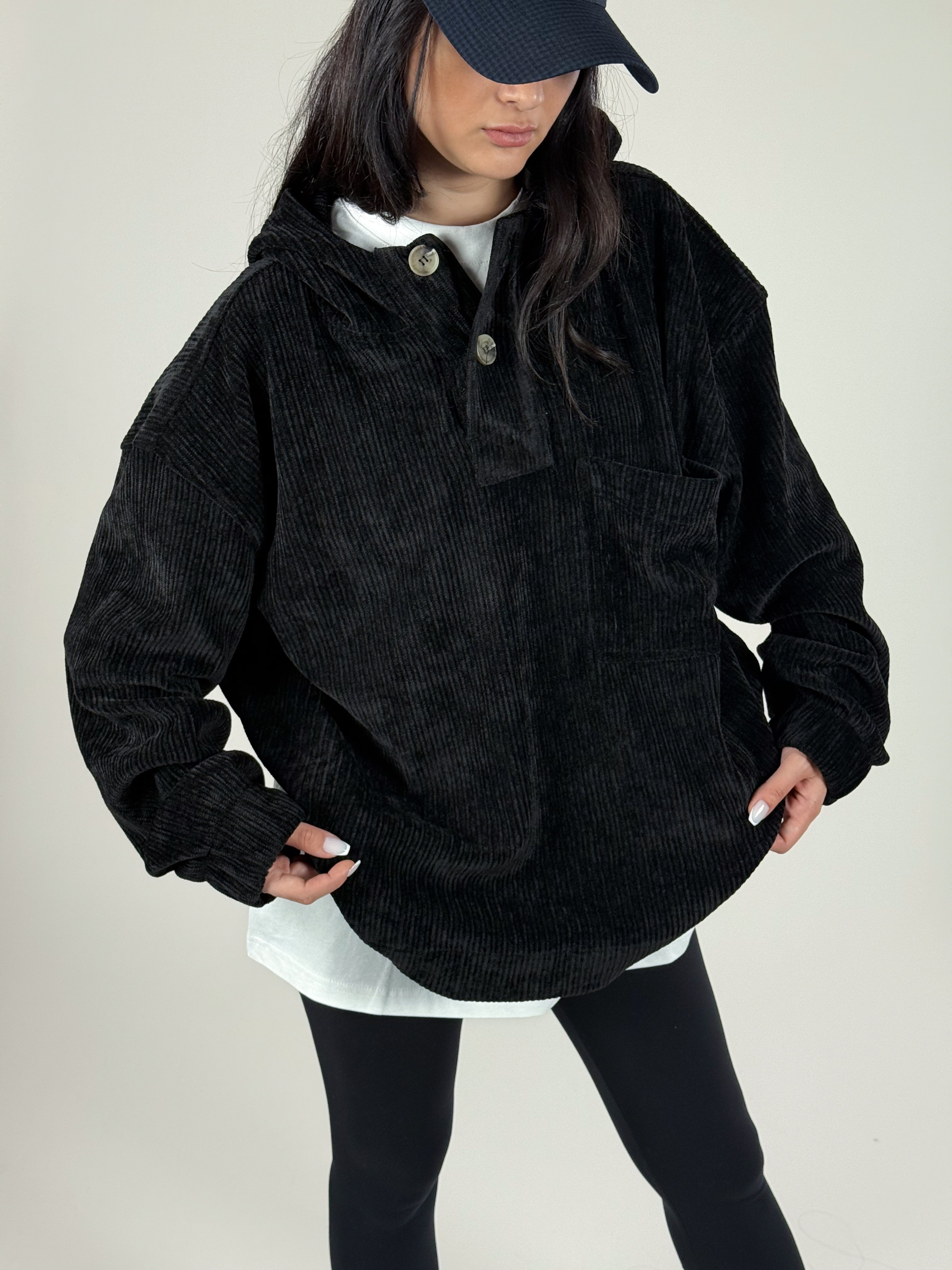 Kadife Dokulu Siyah Oversize Kapüşonlu Kadın Sweatshirt COC1186