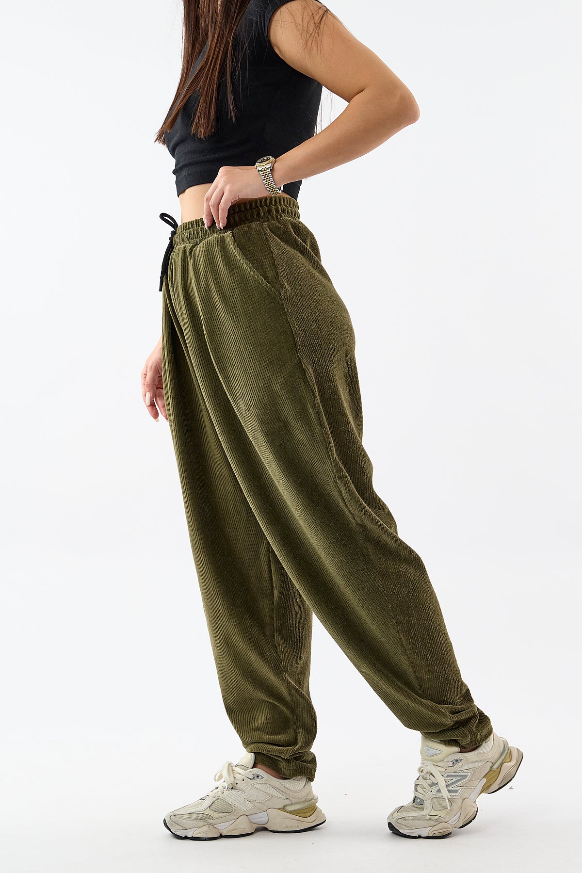 Kadife Pileli Haki Jogger Kadın Pantolon COC3627