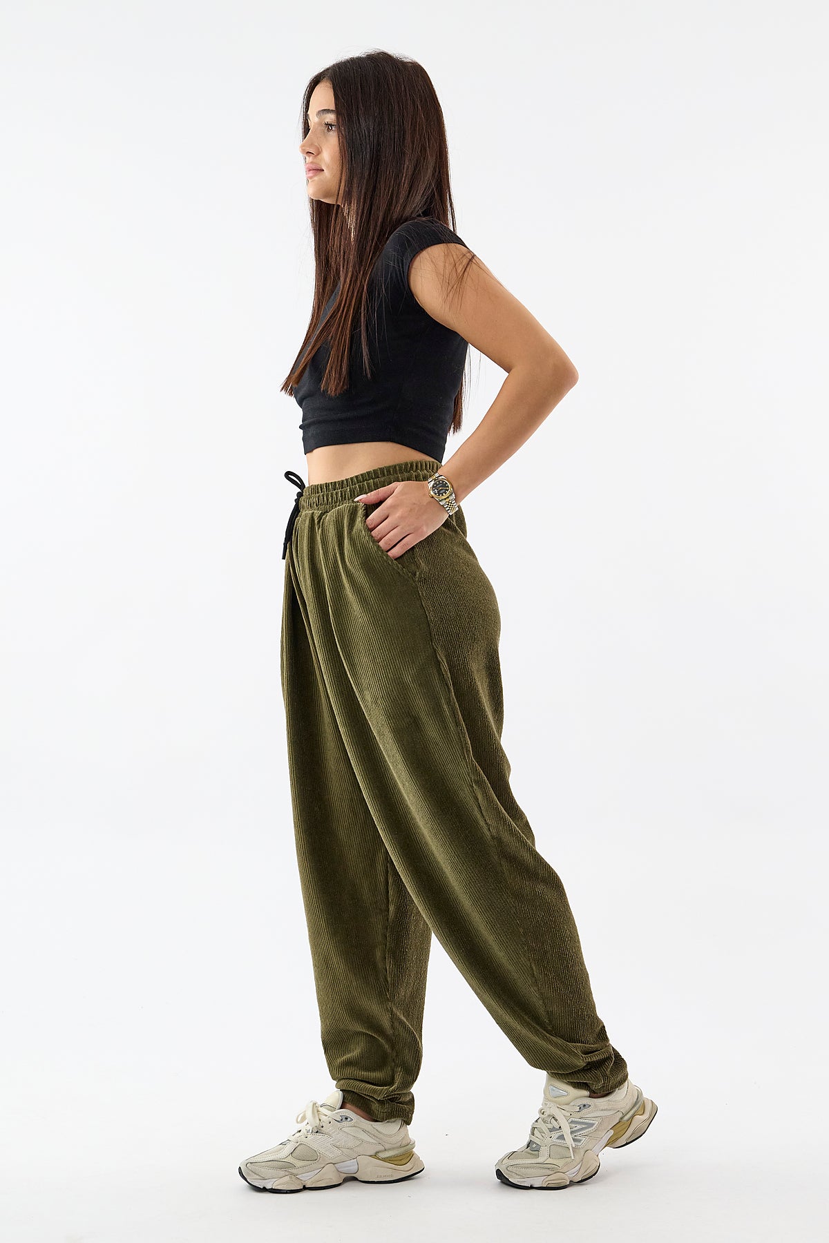 Kadife Pileli Haki Jogger Kadın Pantolon COC3627