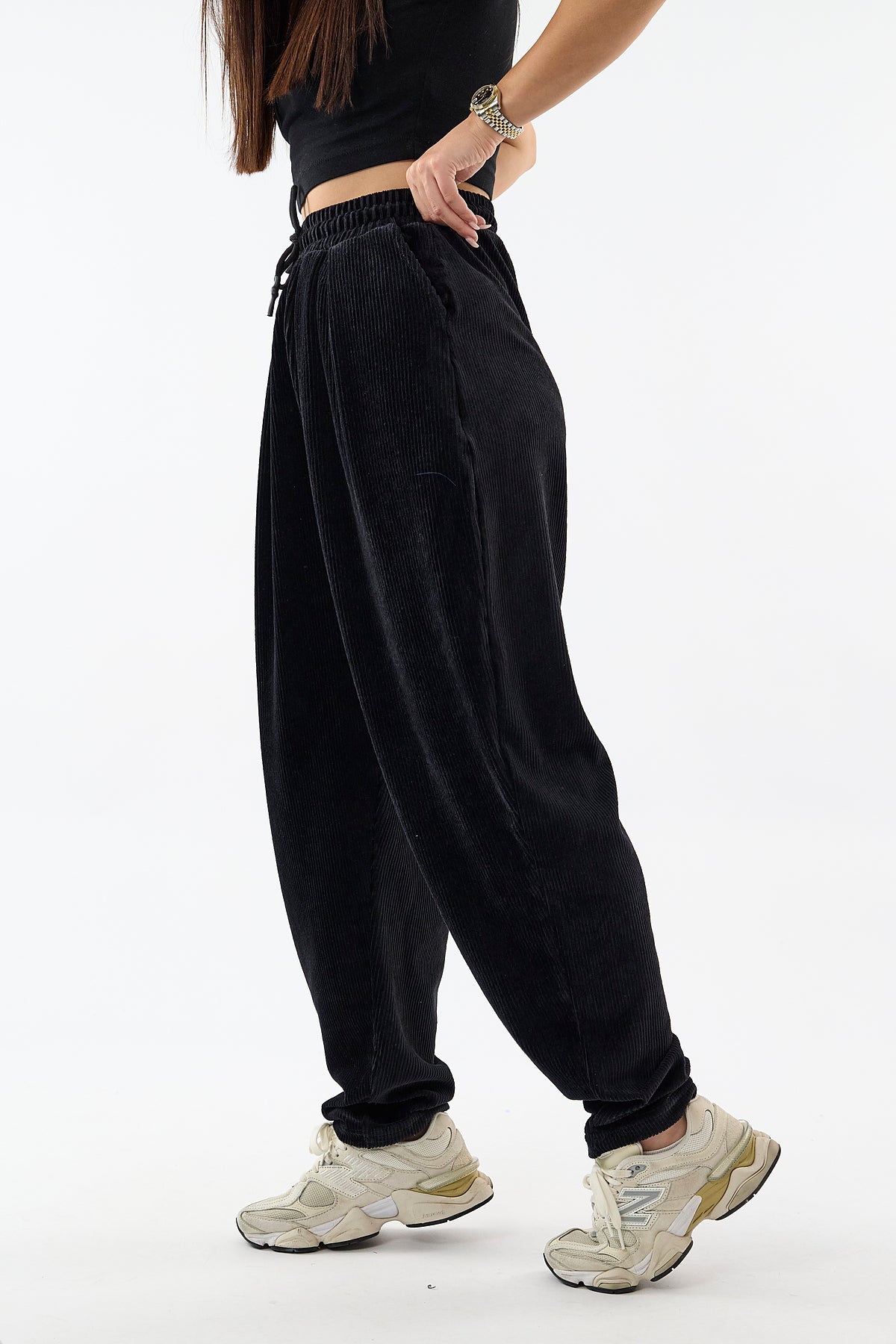 Kadife Pileli Siyah Jogger Kadın Pantolon COC3623