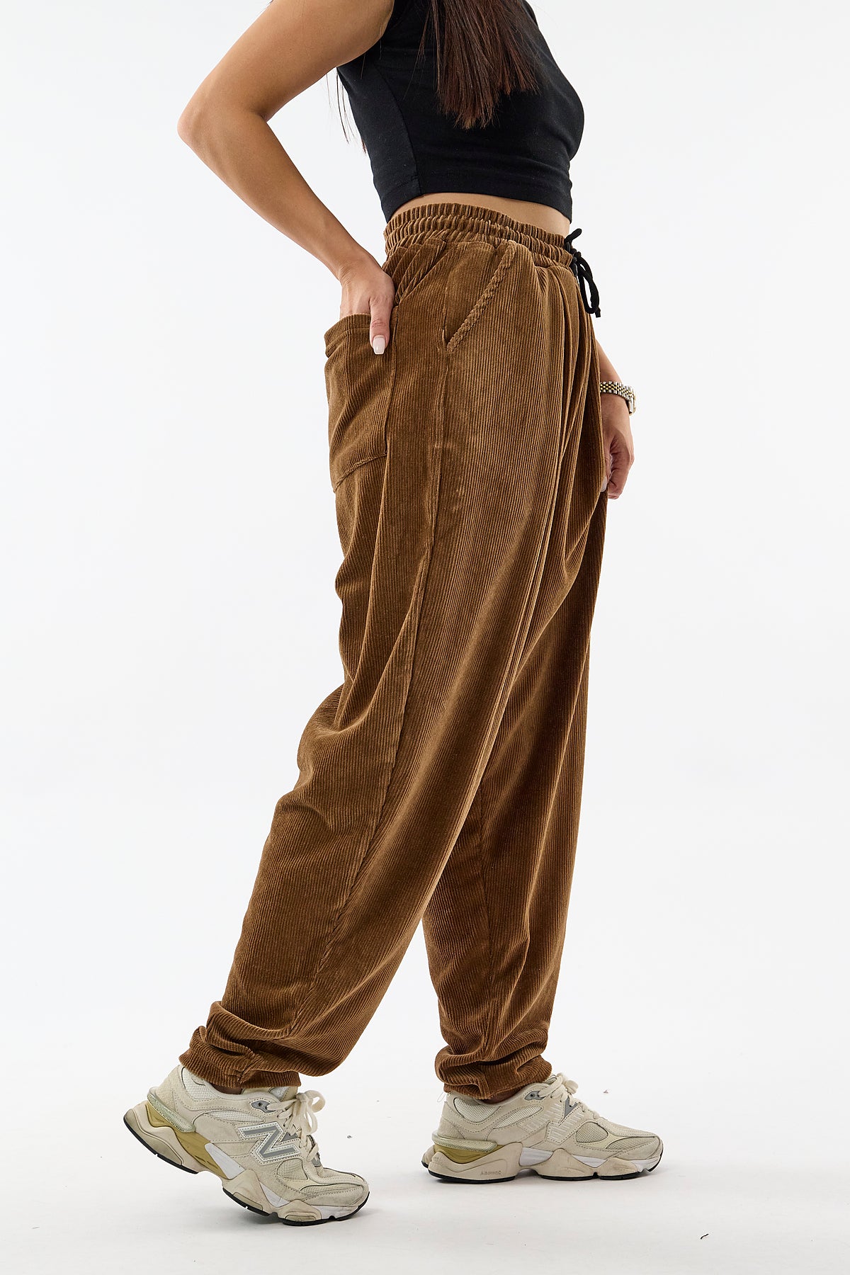 Kadife Pileli Taba Jogger Kadın Pantolon COC3621