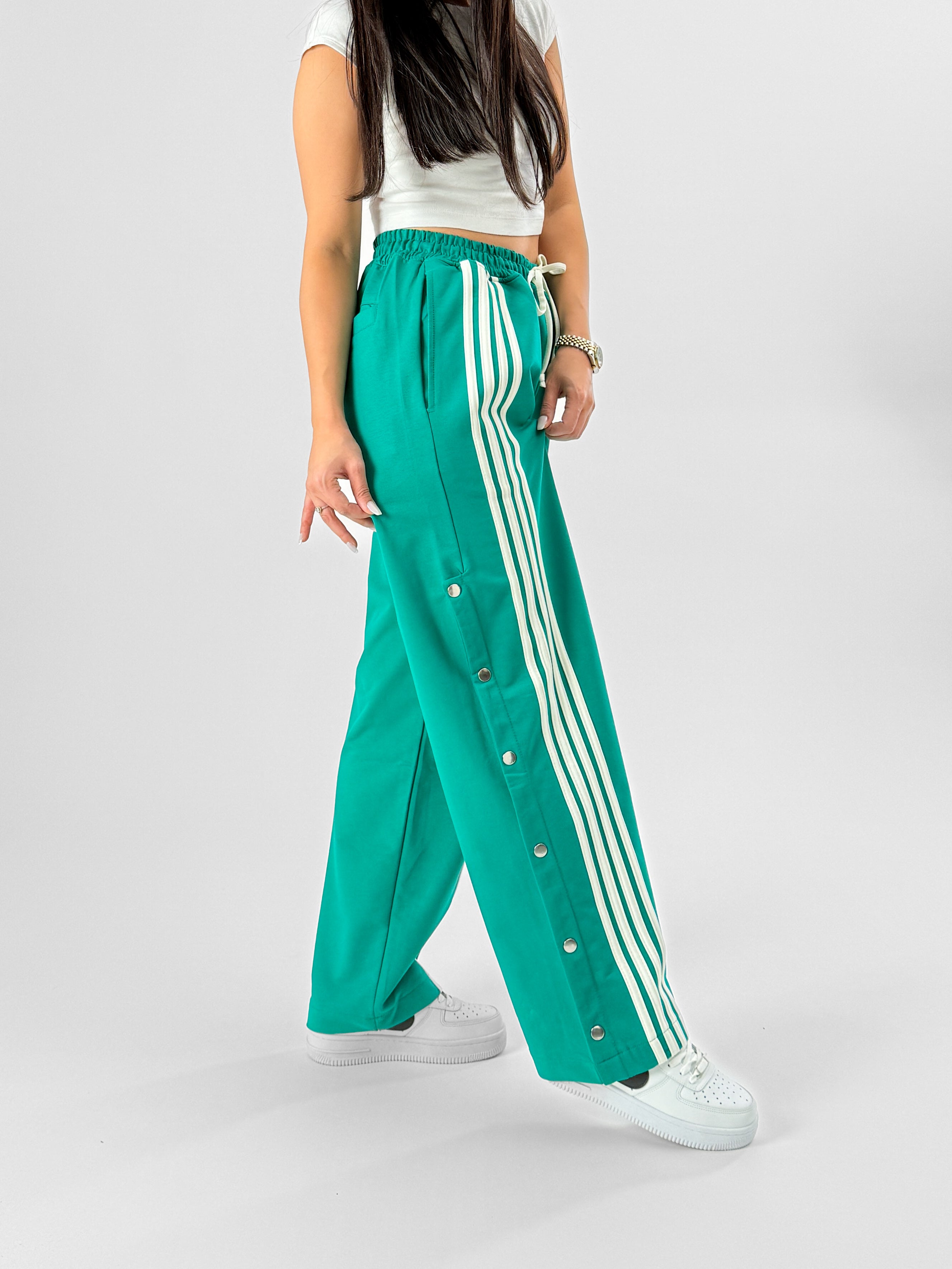 Kadın Şeritli Yeşil Baggy Pantolon COC1079