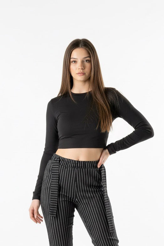 Kadın Siyah Slim Fit Crop Bluz COC2799