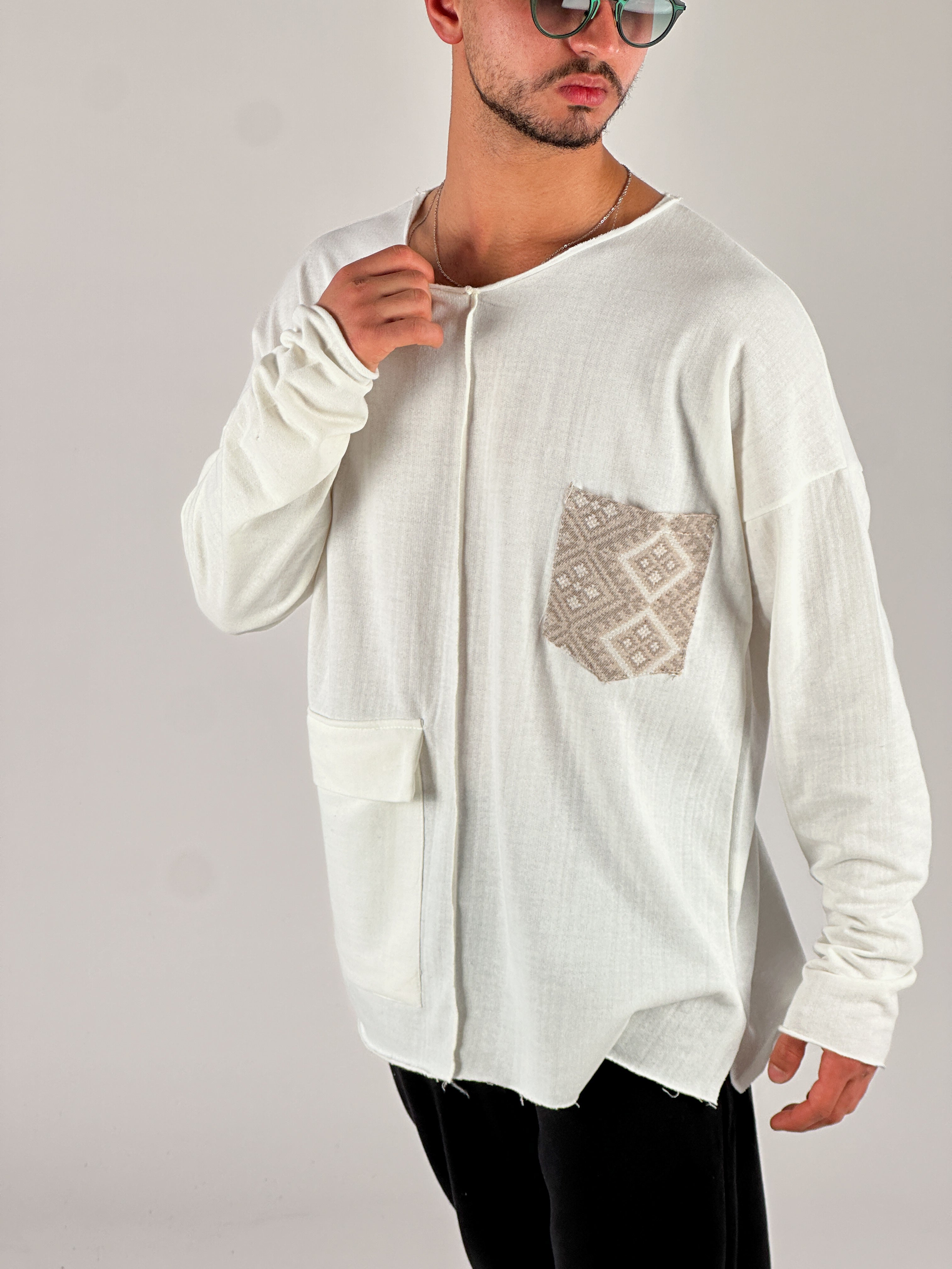 Kahve Cep Detaylı Etnik Tasarım Sweatshirt COC1076