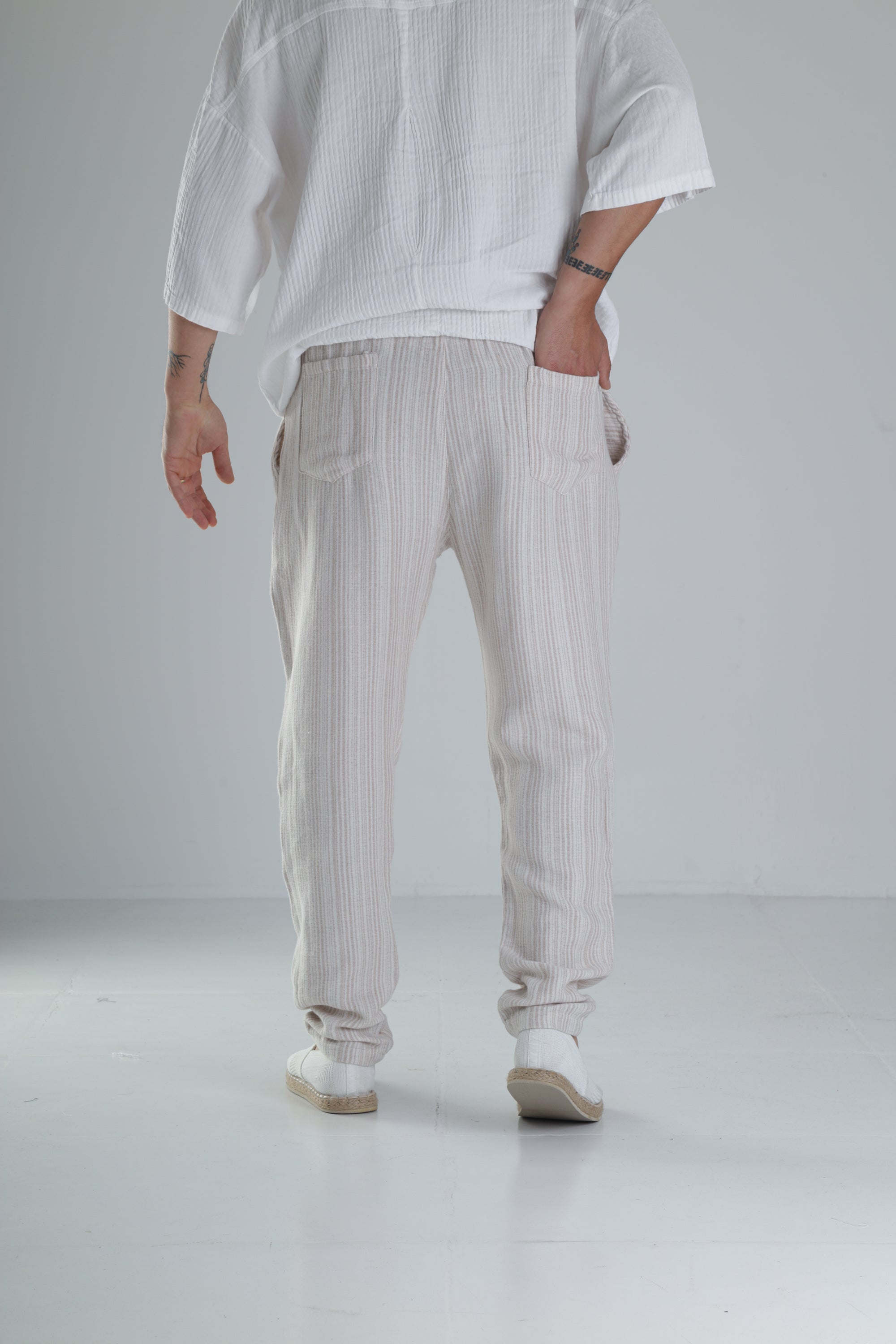 Kahve Çizgili Müslin Keten Baggy Pantolon COC1358