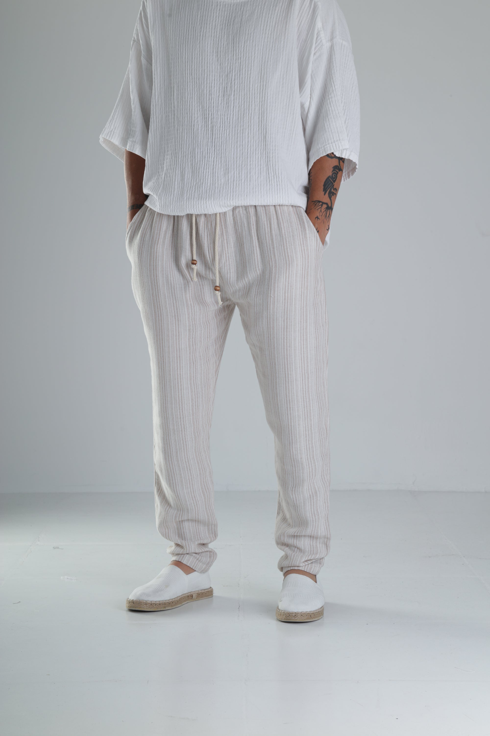 Kahve Çizgili Müslin Keten Baggy Pantolon COC1358