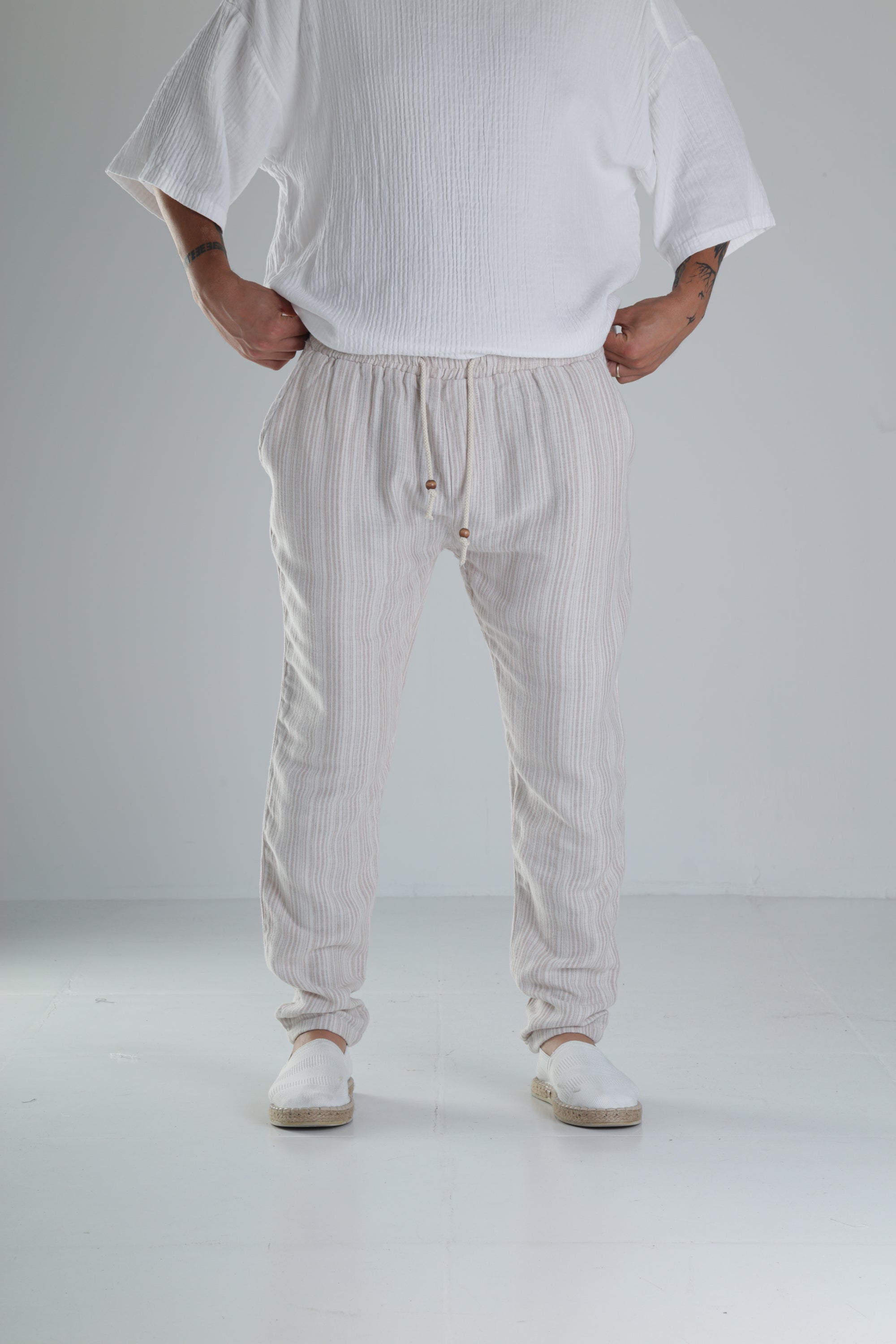 Kahve Çizgili Müslin Keten Baggy Pantolon COC1358