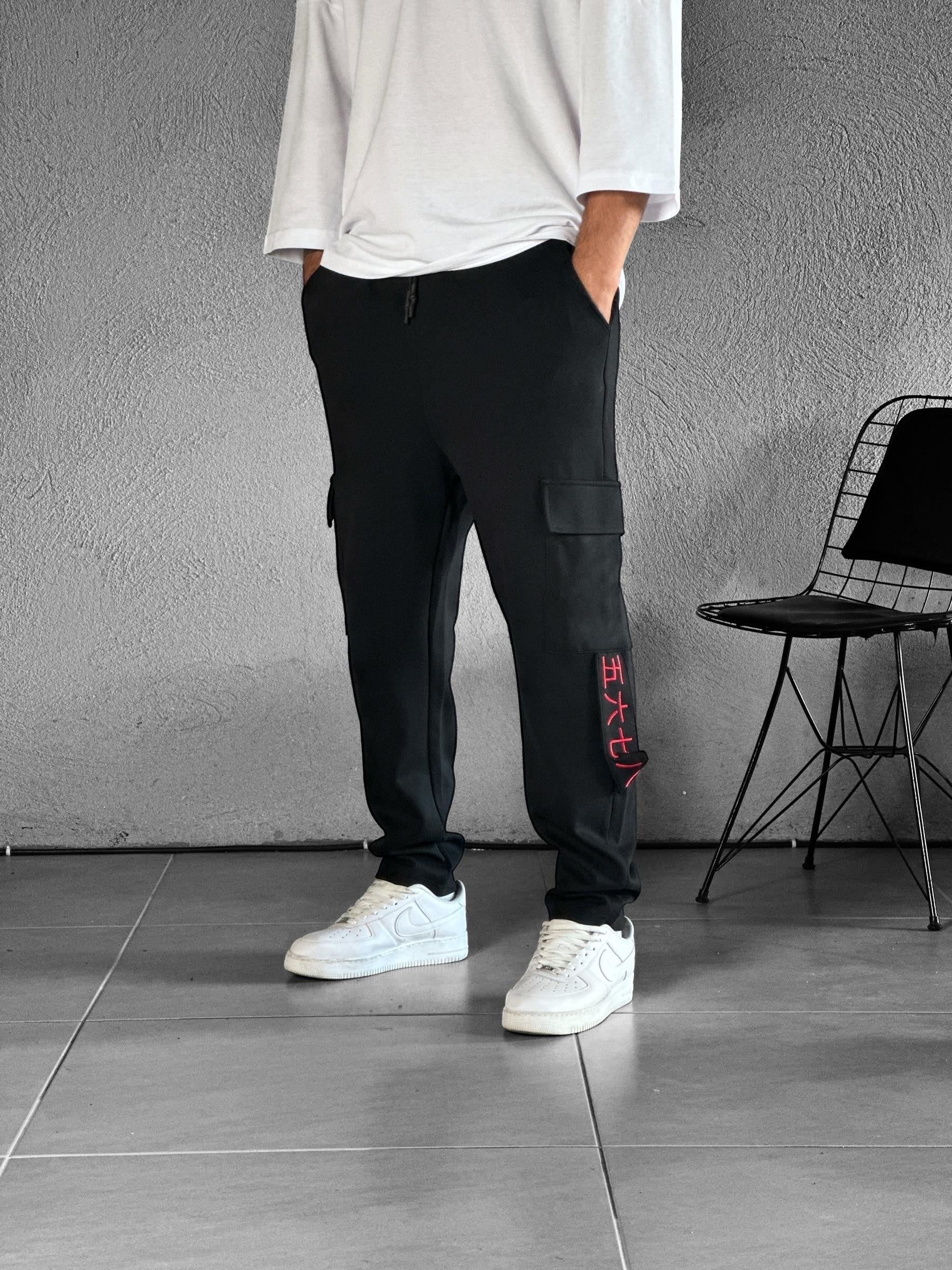 Kargo Cepli Chinese Detaylı Siyah Baggy Pantolon COC1516