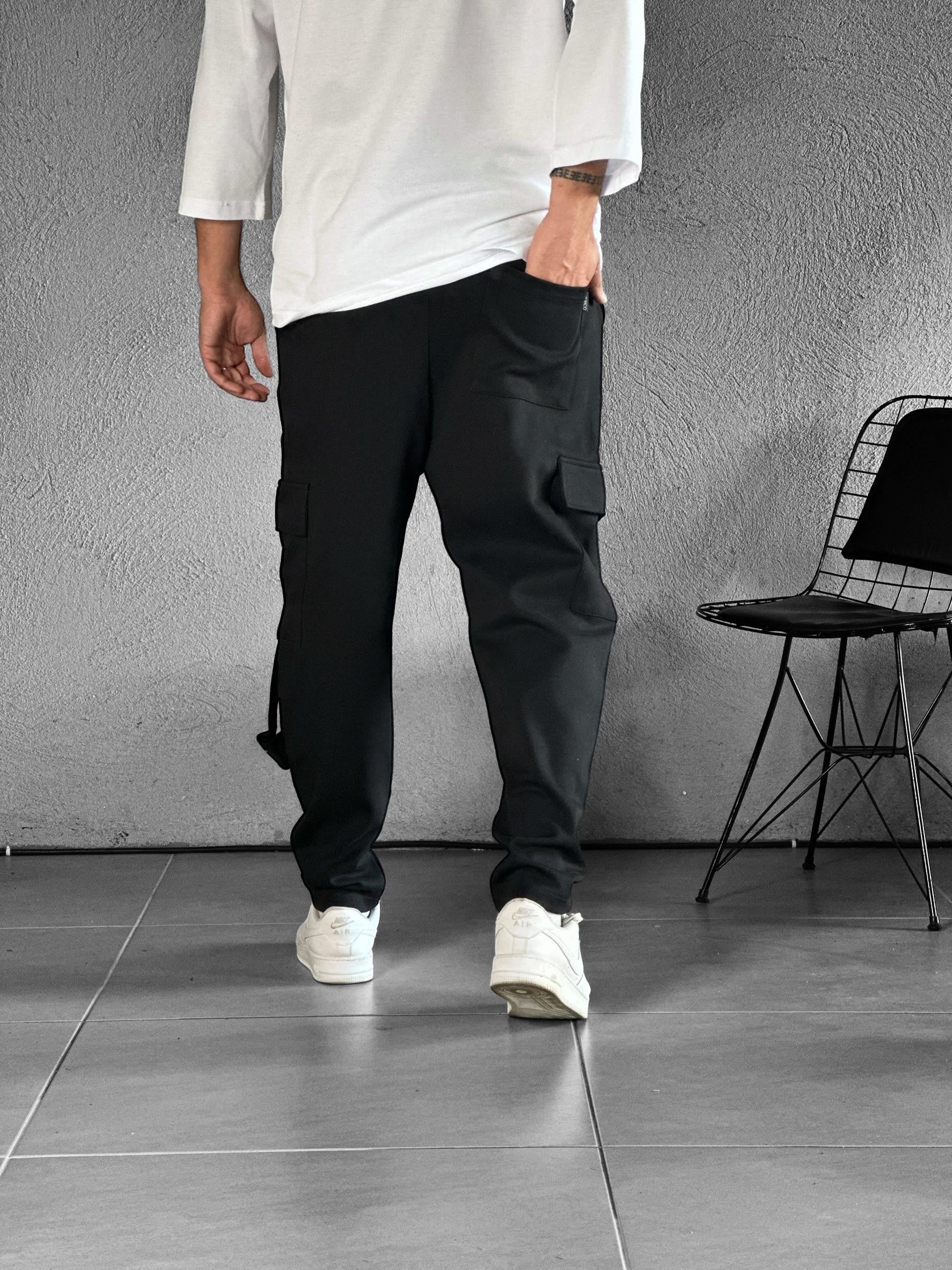 Kargo Cepli Chinese Detaylı Siyah Baggy Pantolon COC1516
