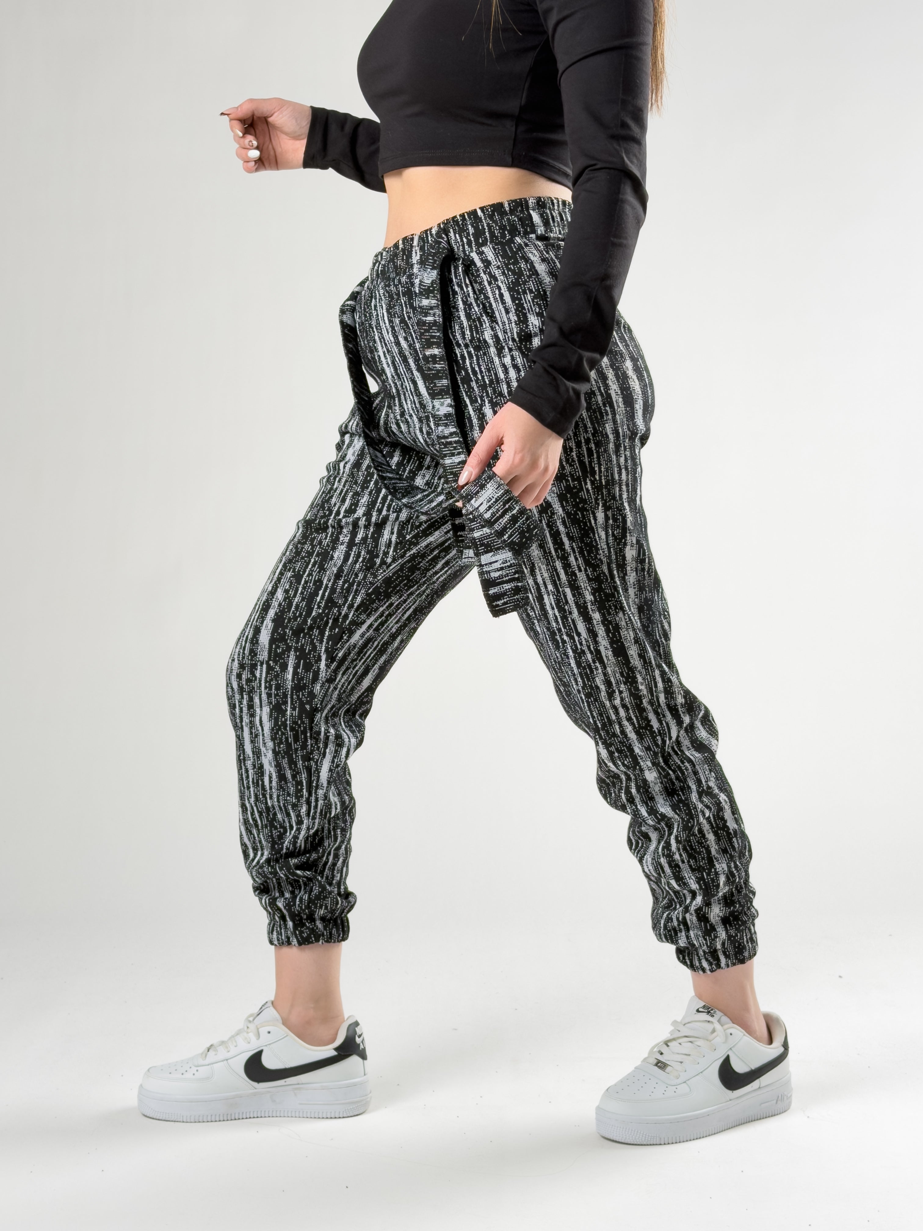 Matrix Desenli Kemerli Siyah Kadın Jogger Pantolon COC2764
