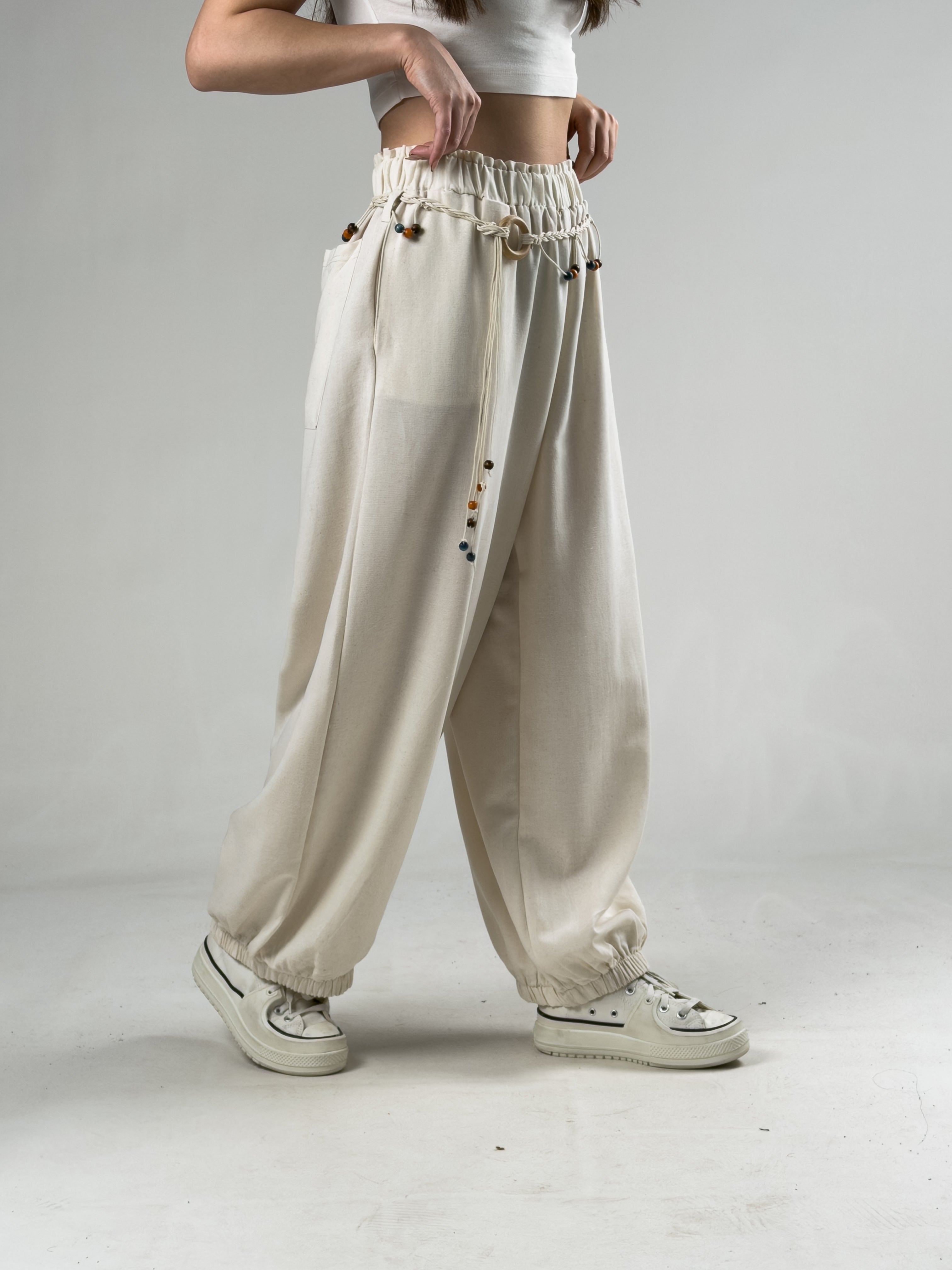 Kemerli Ekru Kadın Baggy Pantolon COC3066
