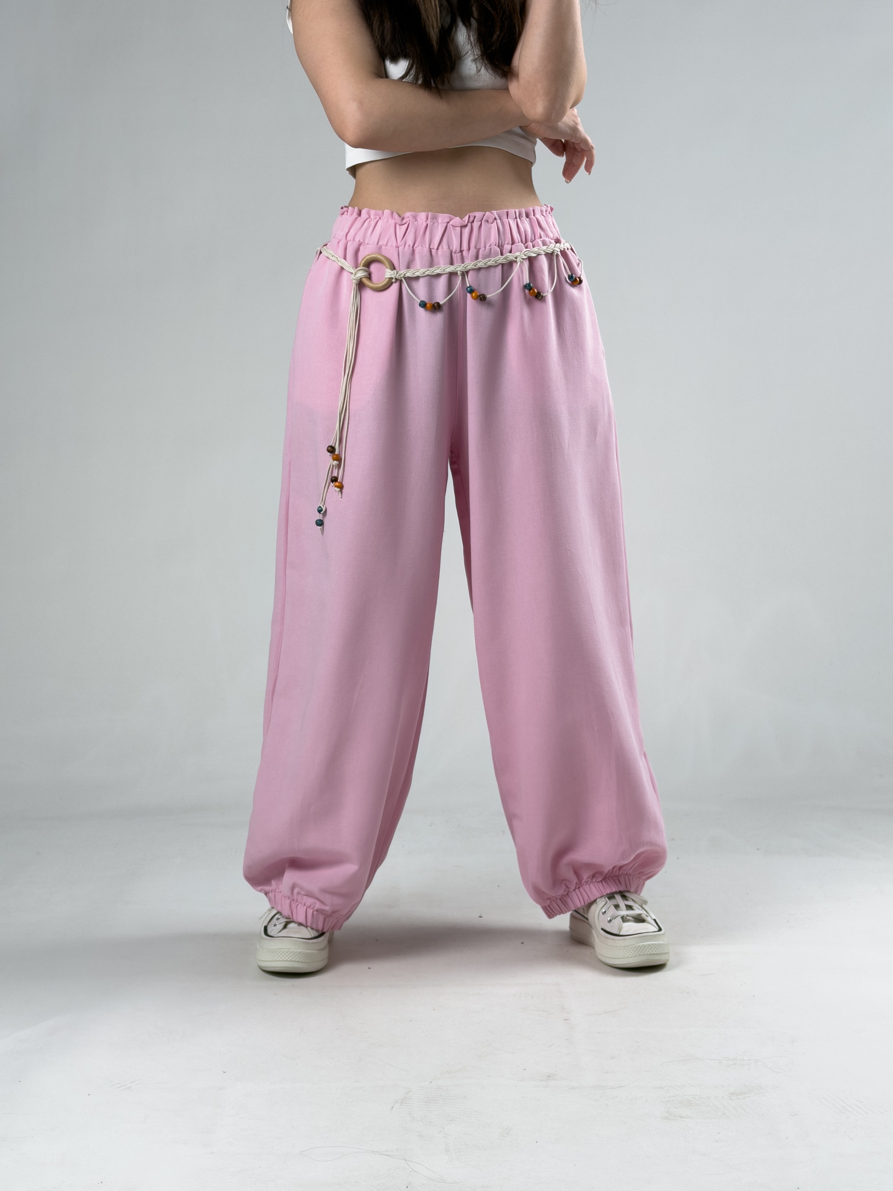 Kemerli Pembe Kadın Baggy Pantolon COC3067