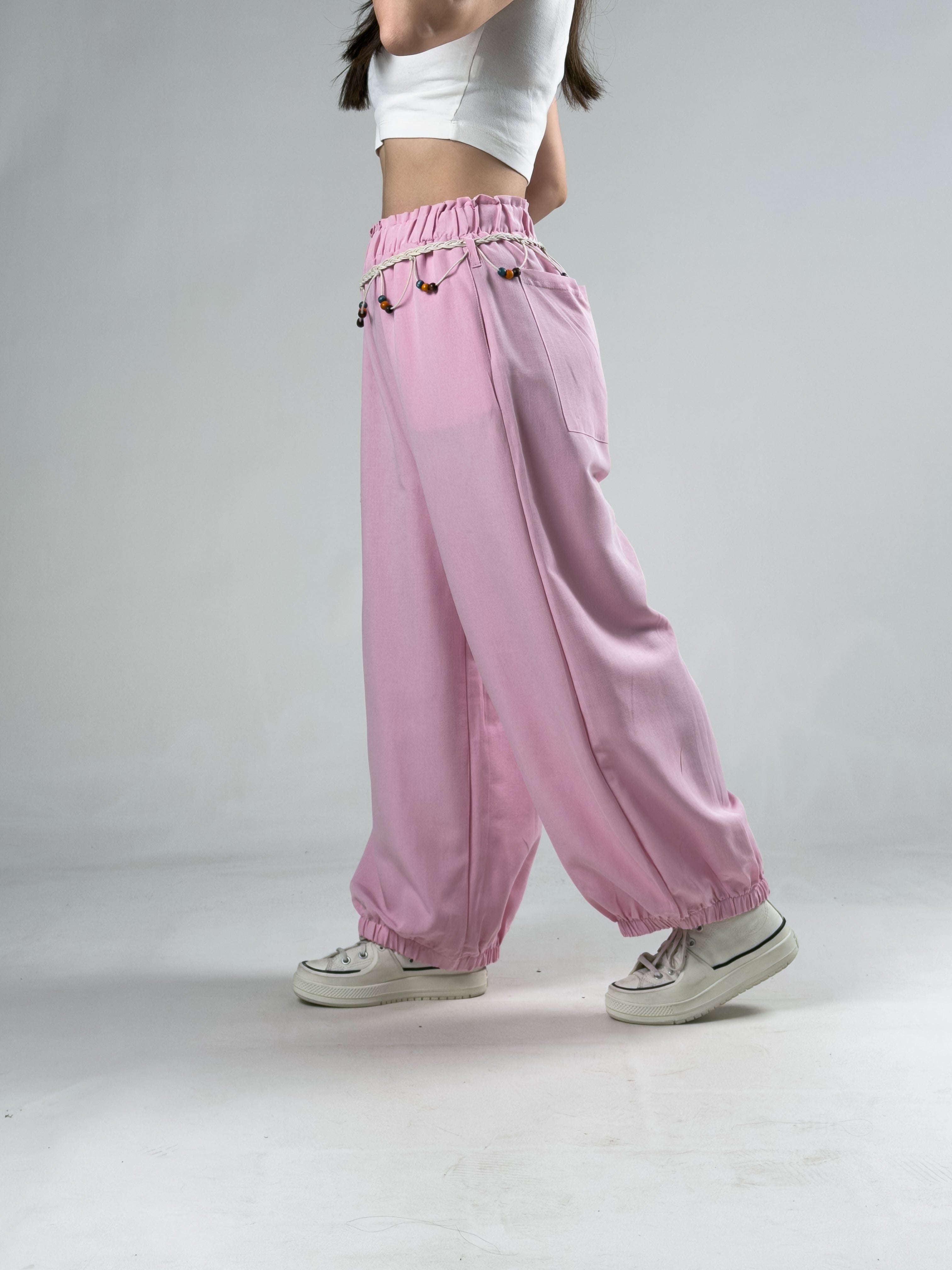 Kemerli Pembe Kadın Baggy Pantolon COC3067