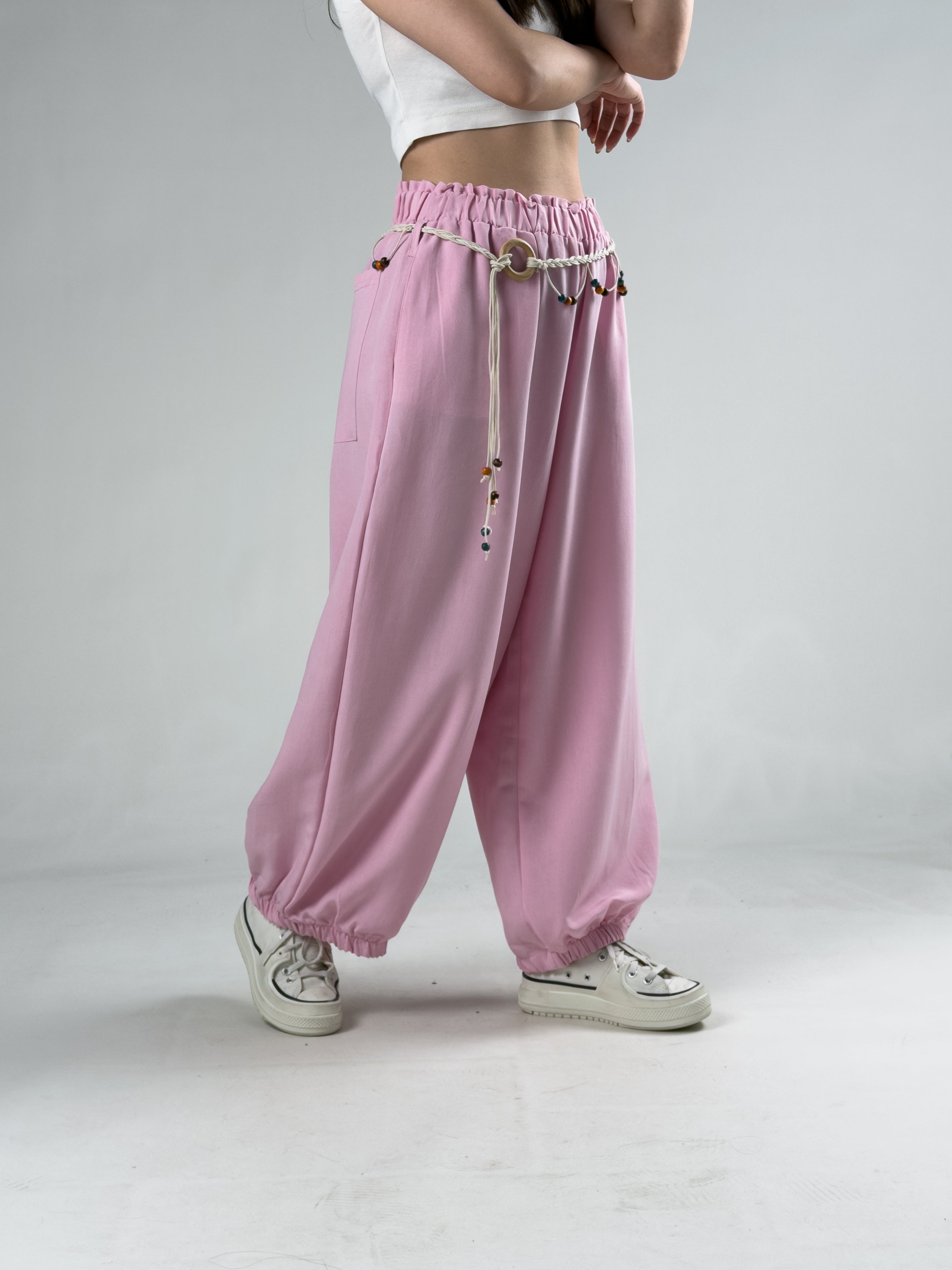 Kemerli Pembe Kadın Baggy Pantolon COC3067