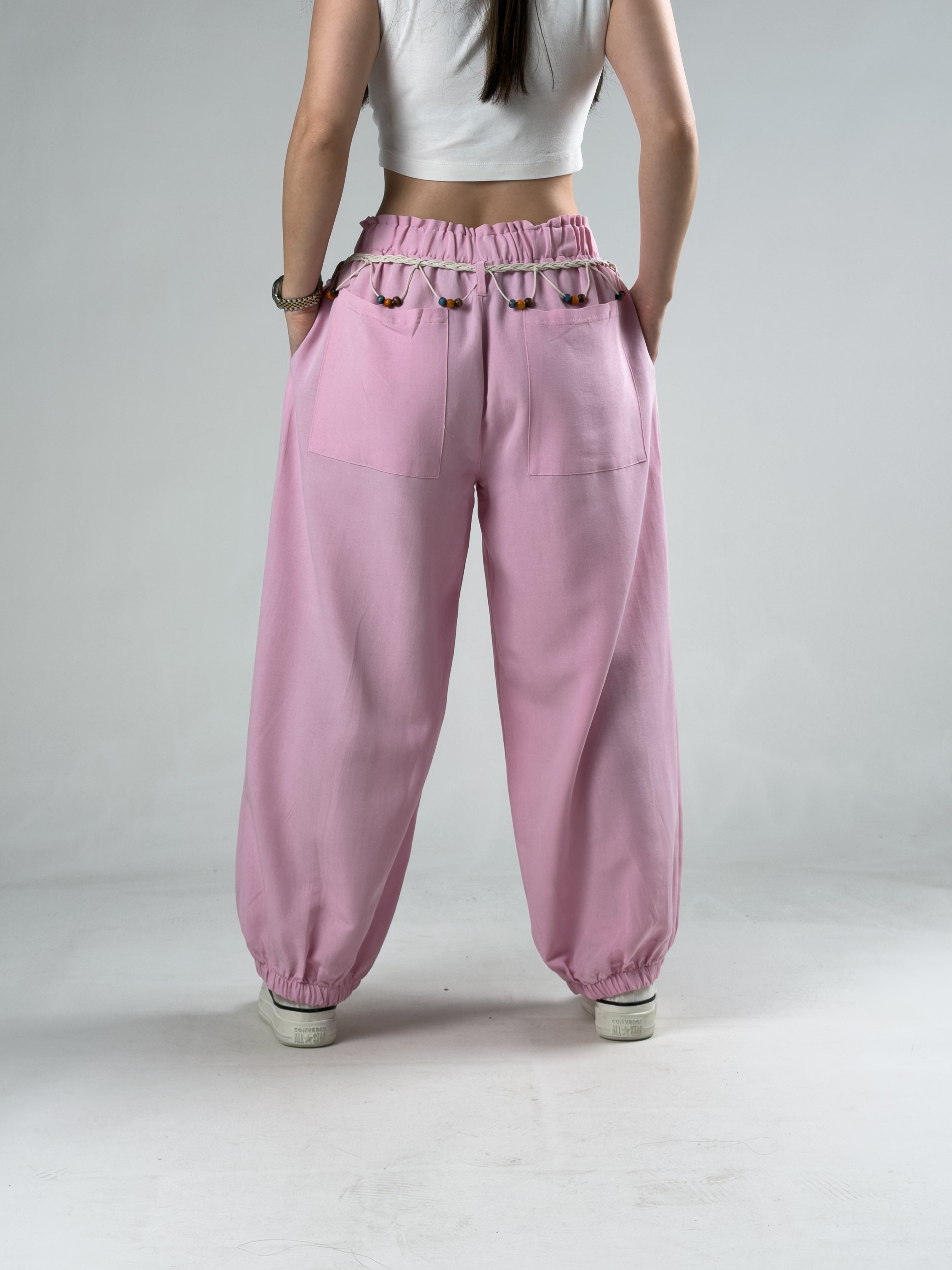 Kemerli Pembe Kadın Baggy Pantolon COC3067
