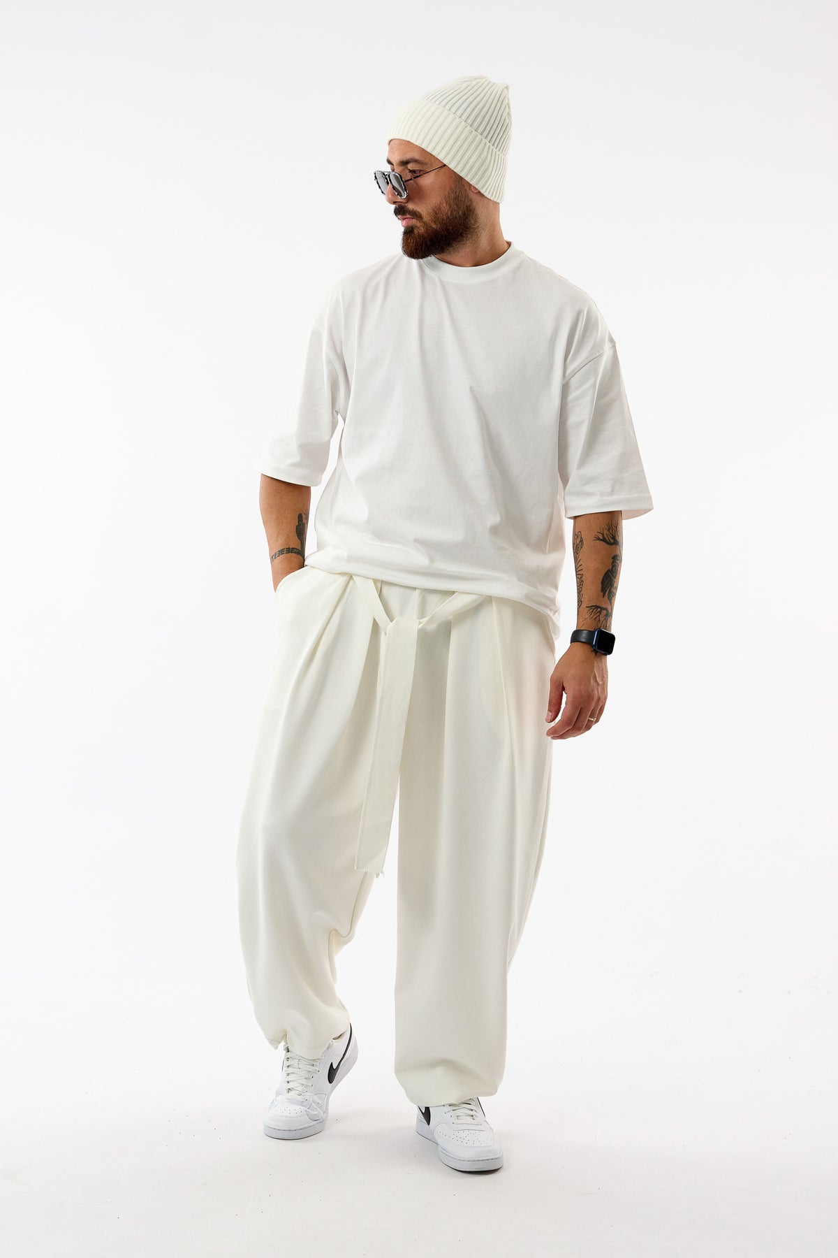 Kemerli Pileli Bel Lastikli Ekru Jogger Erkek Pantolon COC3678