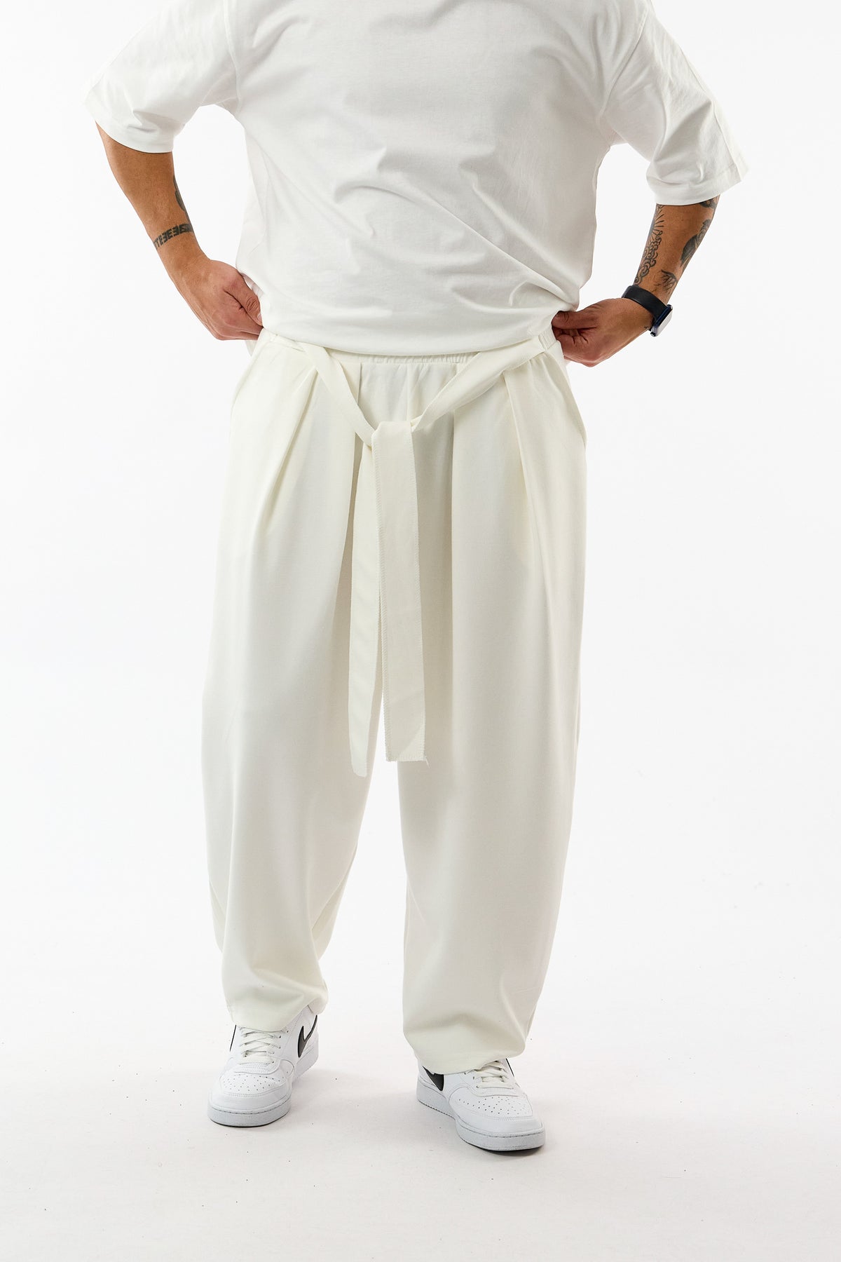 Kemerli Pileli Bel Lastikli Ekru Jogger Erkek Pantolon COC3678