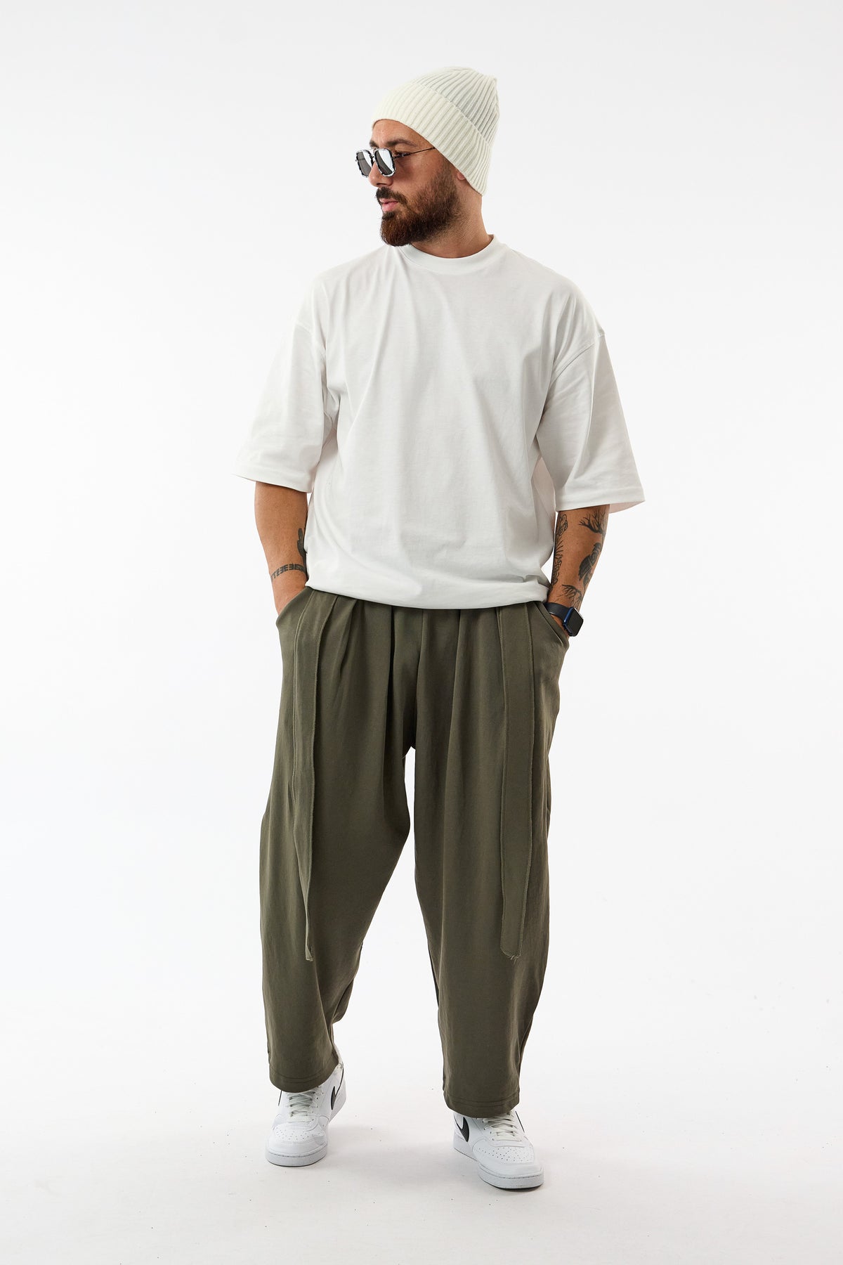 Kemerli Pileli Bel Lastikli Haki Jogger Erkek Pantolon COC3684
