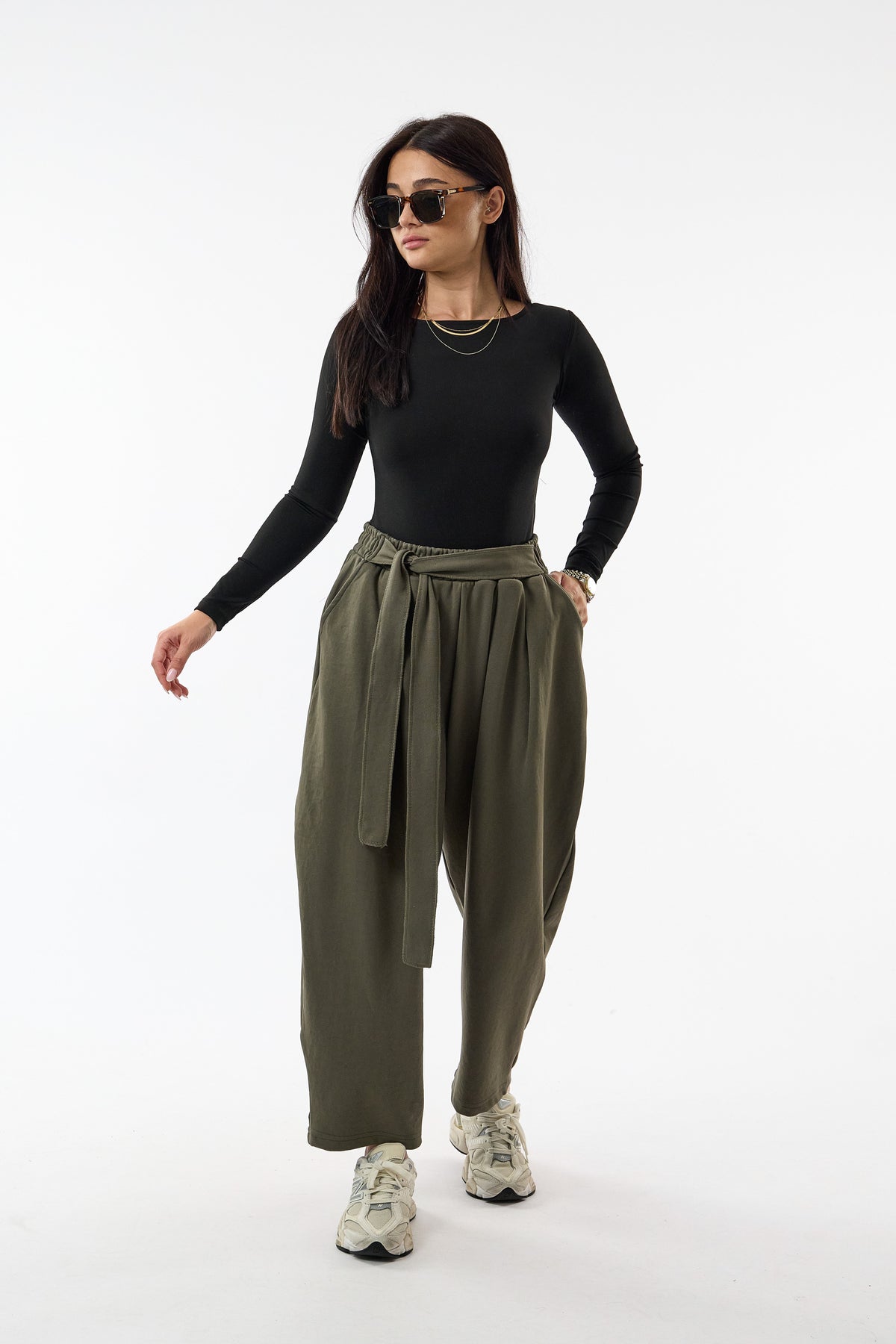 Kemerli Pileli Bel Lastikli Haki Jogger Kadın Pantolon COC3685