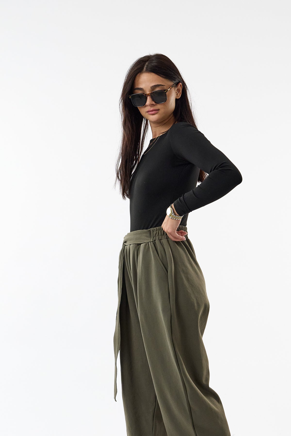 Kemerli Pileli Bel Lastikli Haki Jogger Kadın Pantolon COC3685