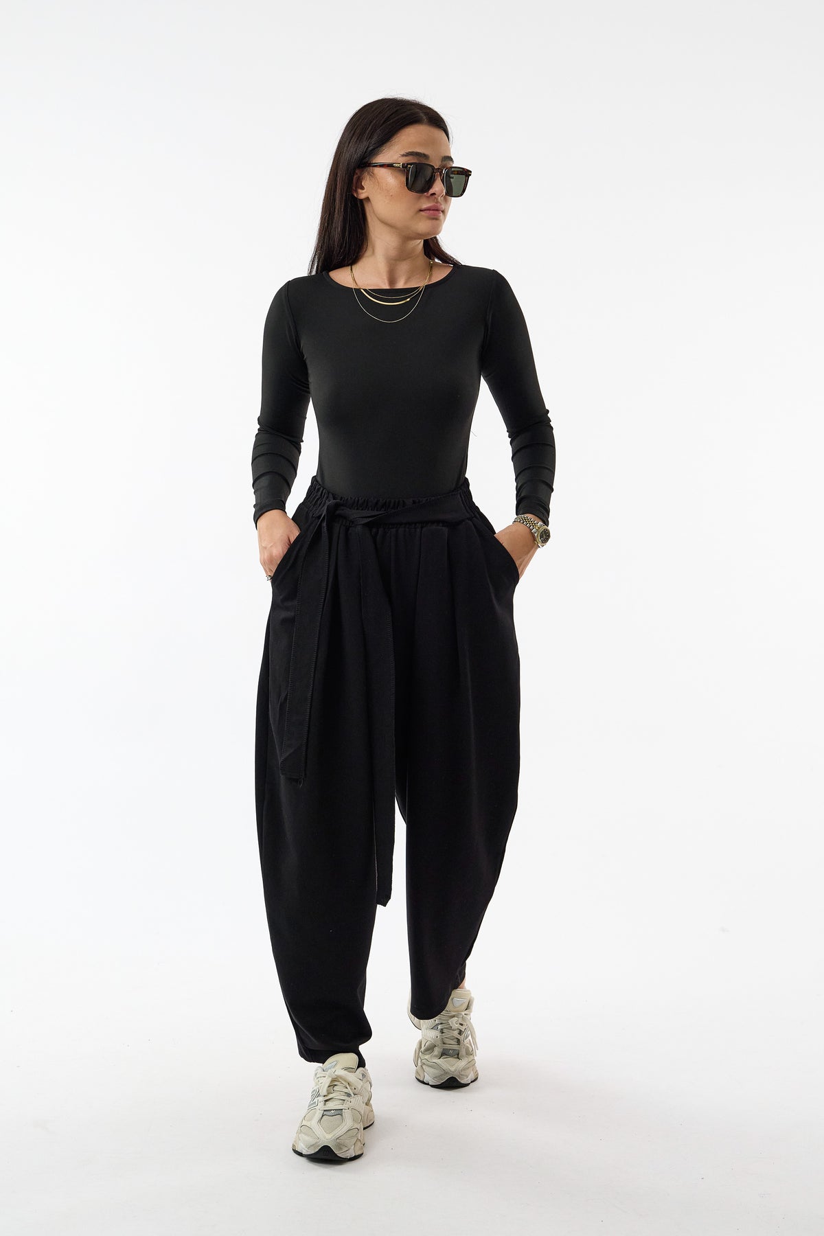 Kemerli Pileli Bel Lastikli Siyah Jogger Kadın Pantolon COC3683