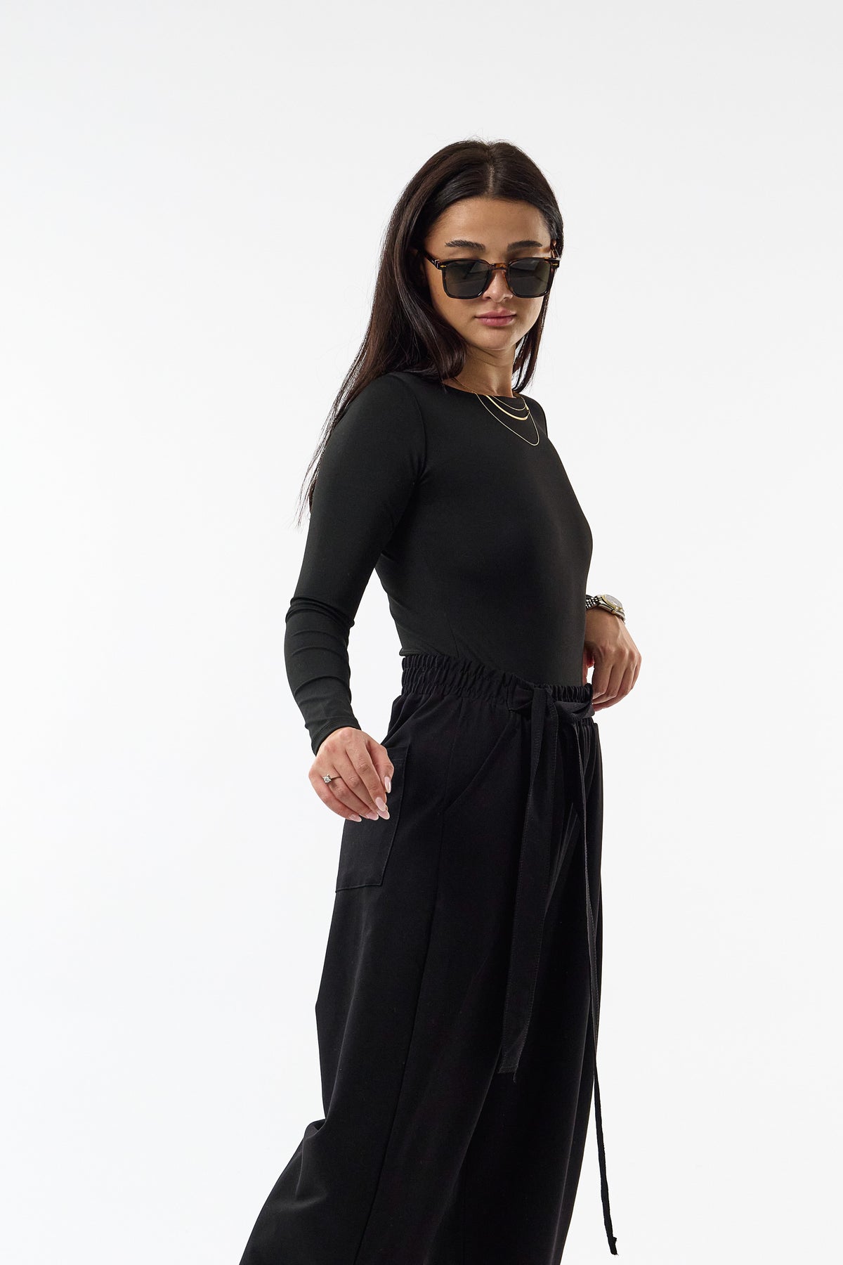 Kemerli Pileli Bel Lastikli Siyah Jogger Kadın Pantolon COC3683