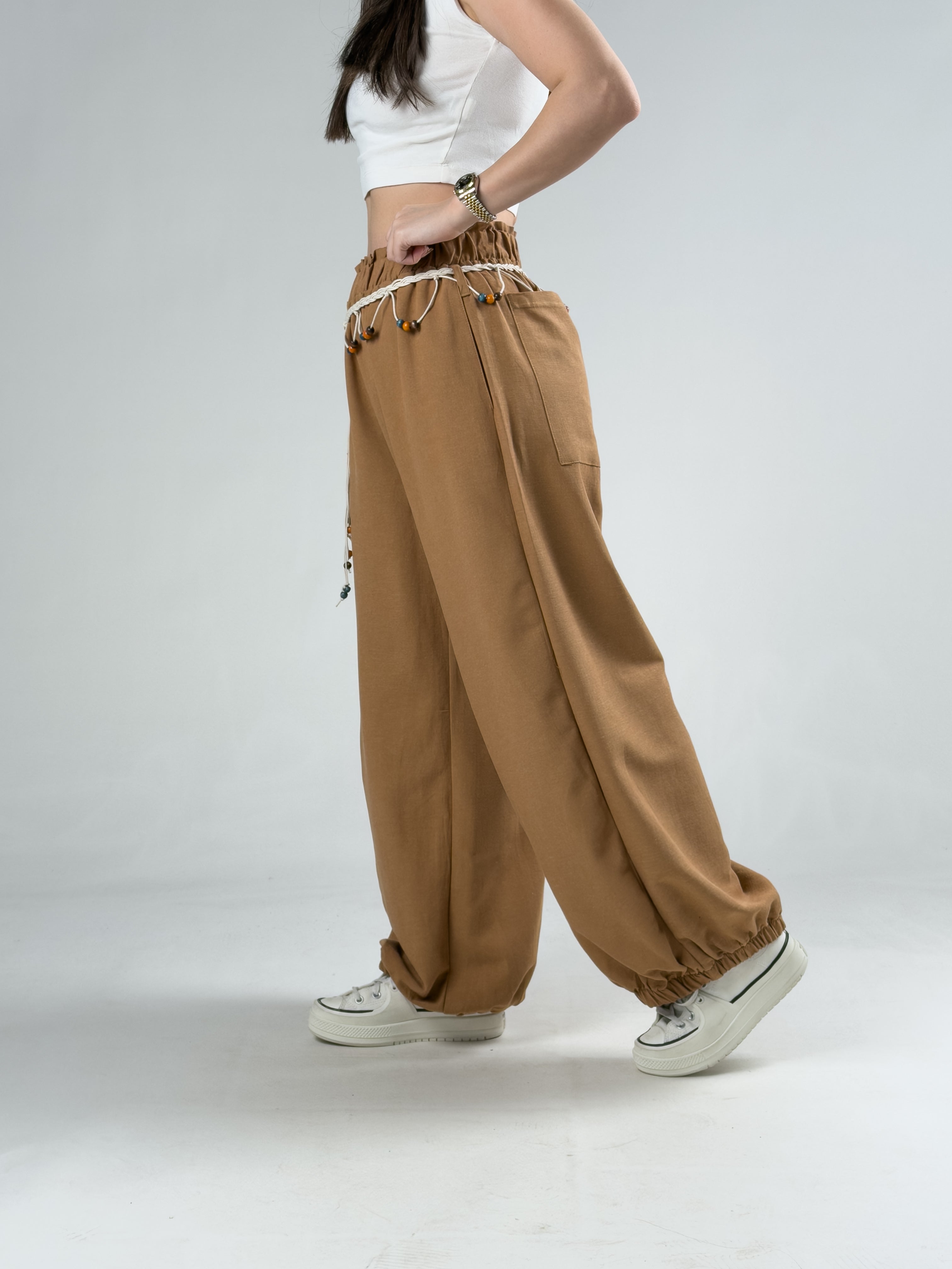 Kemerli Taba Kadın Baggy Pantolon COC3070