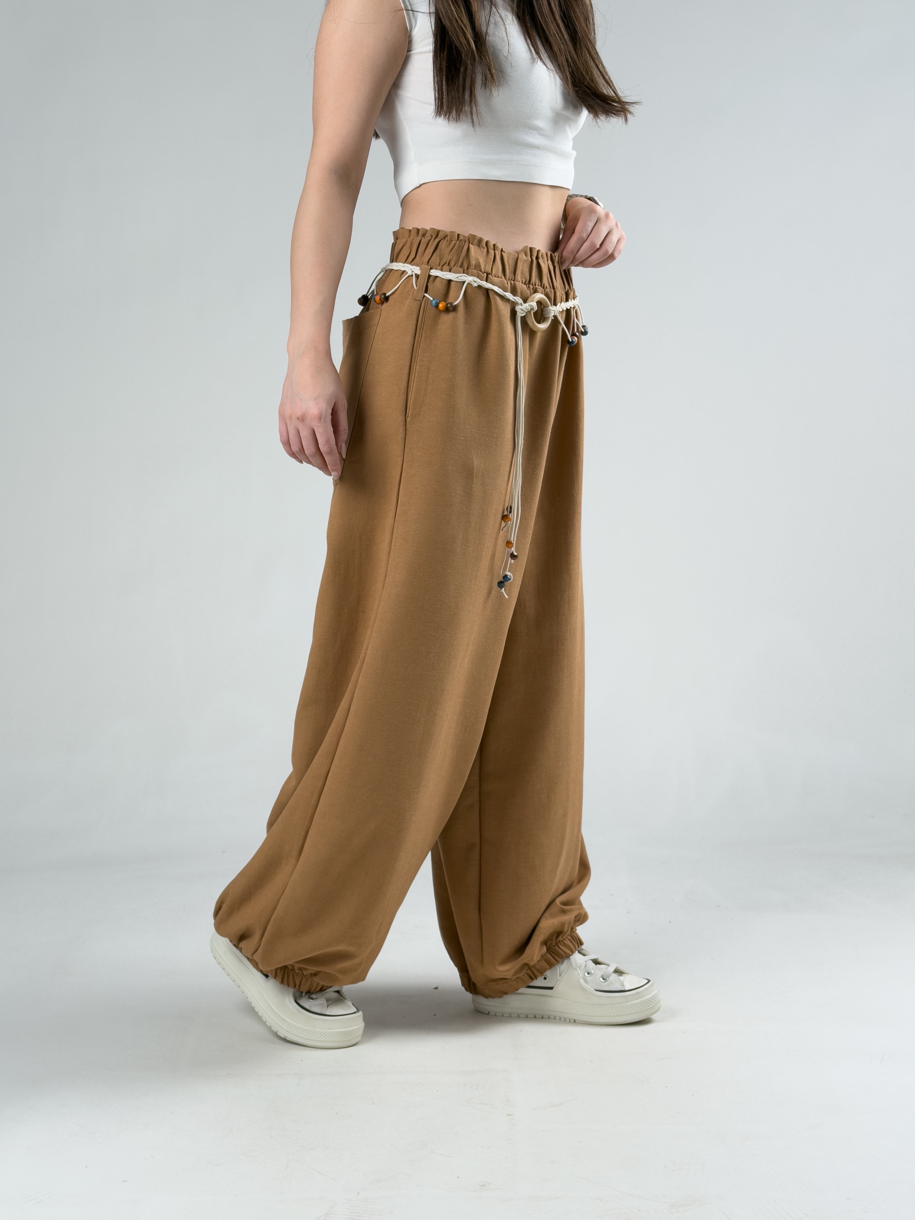 Kemerli Taba Kadın Baggy Pantolon COC3070