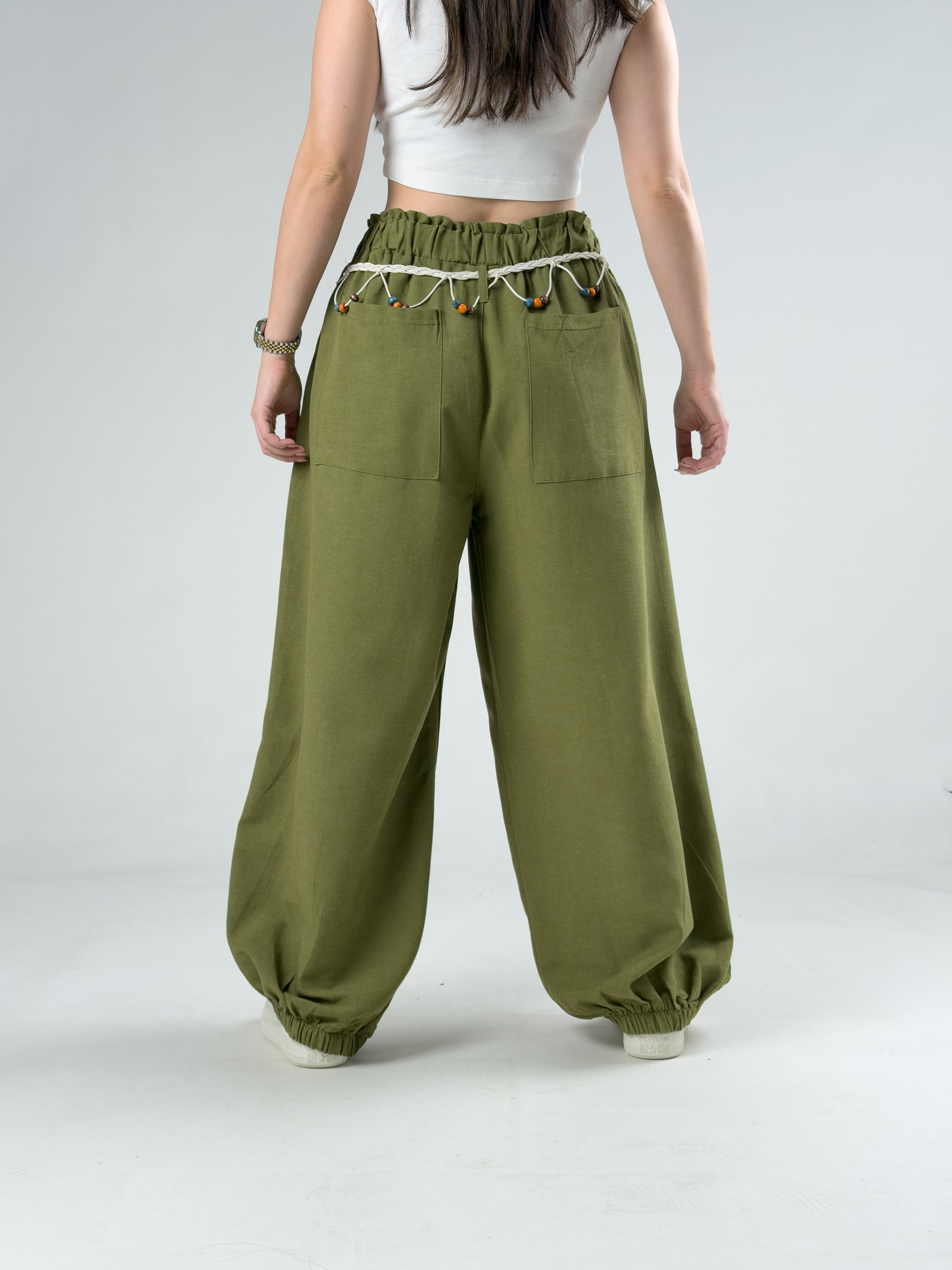 Kemerli Yeşil Kadın Baggy Pantolon COC3069