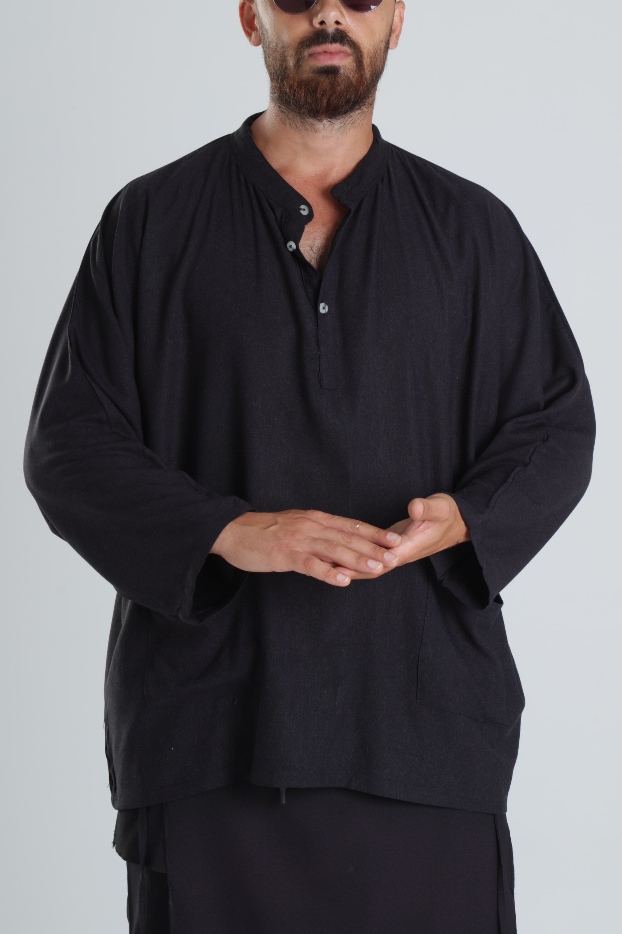 Keten Kumaş Oversize Siyah Tasarım T-Shirt COC1290