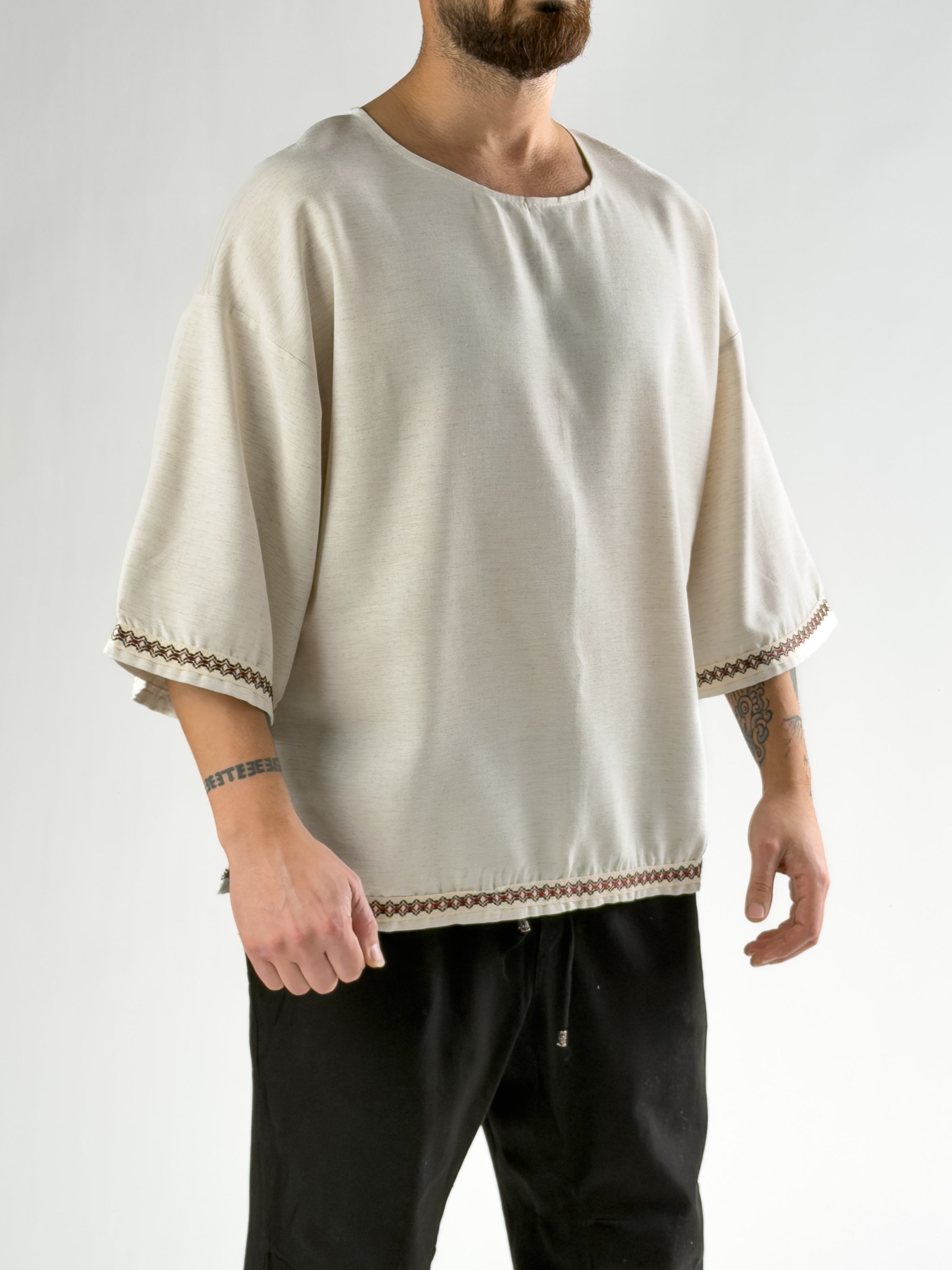 Kol Desenli Fakir Kol Oversize Bej Erkek T-Shirt COC2811