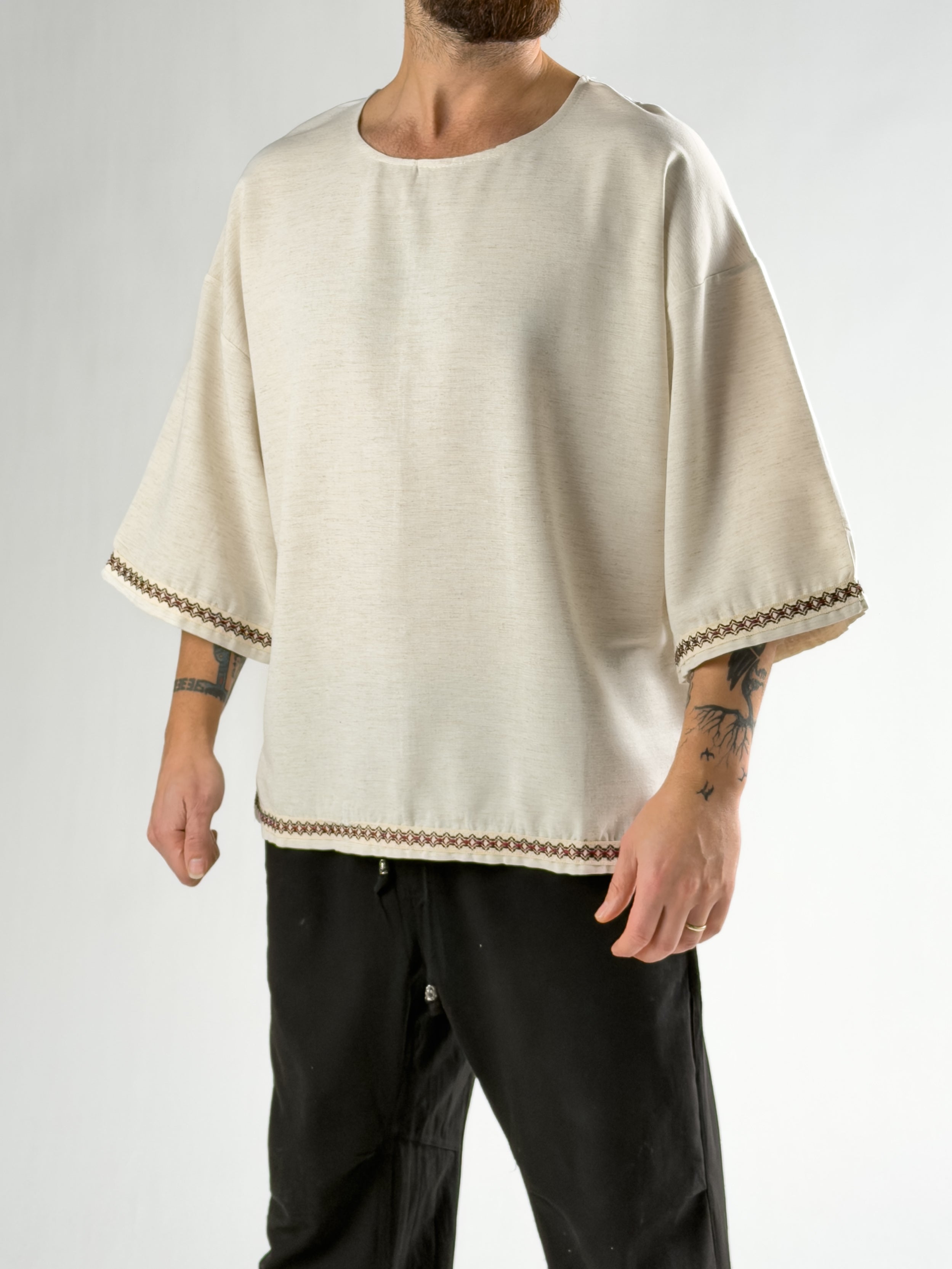 Kol Desenli Fakir Kol Oversize Bej Erkek T-Shirt COC2811