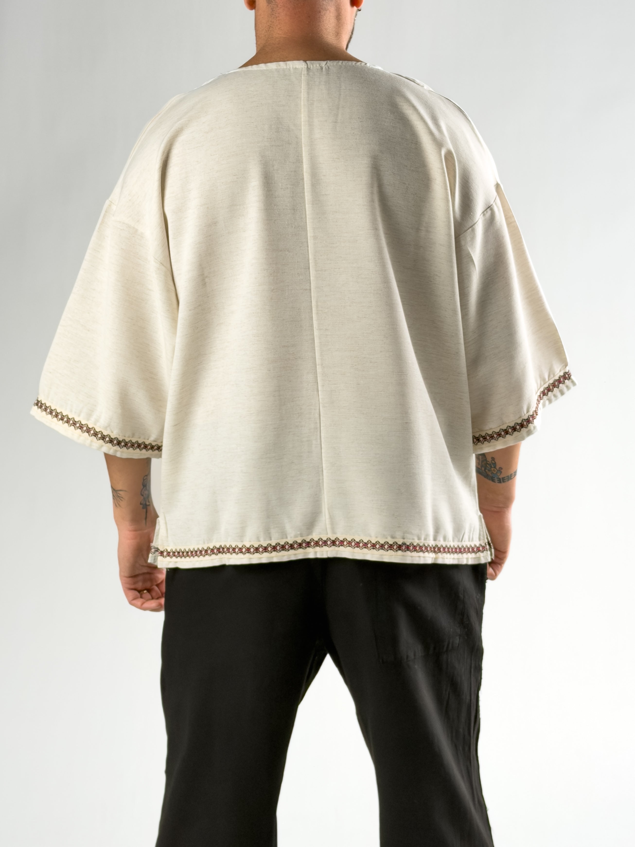 Kol Desenli Fakir Kol Oversize Bej Erkek T-Shirt COC2811